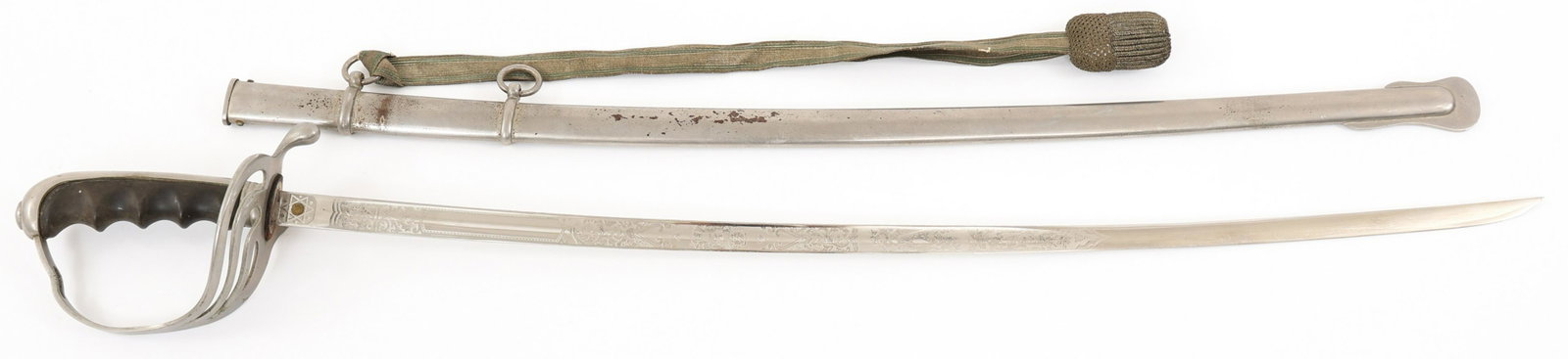 US ARMY OFFICER MODEL 1902 DRESS SWORD: US ARMY OFFICER MODEL 1902 DRESS SWORD WWI - WWII US Army Model 1902 Officer dress sword. Slightly curved, triple side acid etched blade with fuller. Maker mark "Trade Spartan Mark, NS Meyer Inc, New 