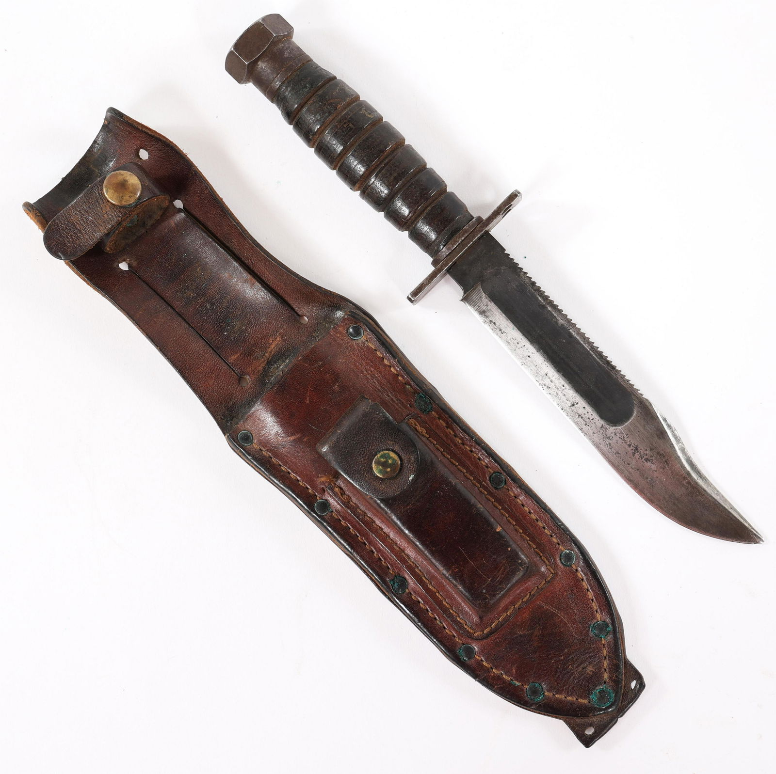 VIETNAM WAR USAF PILOT 6" CAMILLUS SURVIVAL KNIFE: VIETNAM WAR USAF PILOT 6" CAMILLUS SURVIVAL KNIFE Vietnam War, USAF Early Camillus 6" Survival Knife. 6" Clip point blade with deep fuller to both sides and sawback spine. Maker mark "Camillus N.Y" st