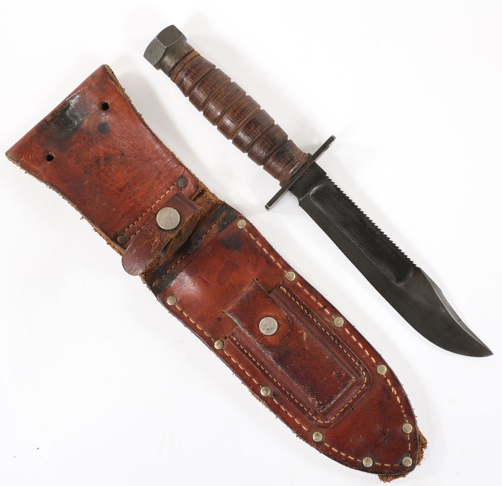 VIETNAM WAR USAF PILOT 6" CAMILLUS SURVIVAL KNIFE: VIETNAM WAR USAF PILOT 6" CAMILLUS SURVIVAL KNIFE Vietnam War, USAF Early Camillus 6" Survival Knife. 6" Clip point, re-blued blade with deep fuller to both sides and sawback spine. Maker mark "Camill