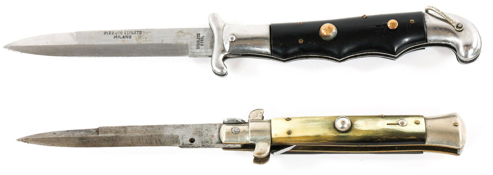 ITALIAN MADE SWITCHBLADE KNIFE LOT OF 2: ITALIAN MADE SWITCHBLADE KNIFE LOT OF 2 Lot of 2 Italian Made Switchblade knives. (1) Stainless Steel blade, maker marked "Rizzuto Estileto Milano", black plastic grip. Blade length: 3.3/4". Total len