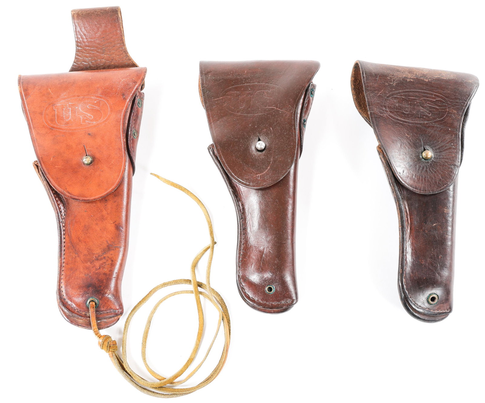 WWII US ARMY .45 CAL PISTOL HOLSTER LOT OF 3: WWII US ARMY .45 CAL PISTOL HOLSTER LOT OF 3 Lot of 3 M1916 US Army 45.Cal Pistol Holsters. Maker marked "Graton & Knight Co, 1943", "Sears 1942", "Boyt 42". Size / Gauge: 45