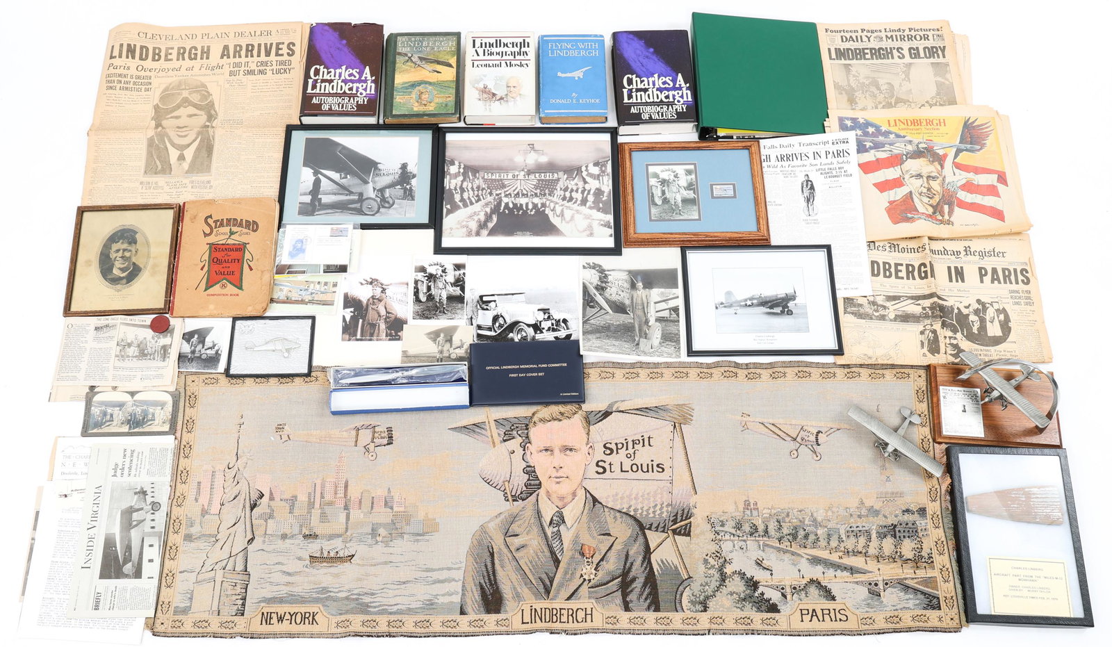 CHARLES LINDBERGH AIRCRAFT PART AND MEMORABILIA: CHARLES LINDBERGH AIRCRAFT PART AND MEMORABILIA Charles Lindbergh aviation memorabilia lot. Wooden aircraft part from the Miles M-12 Mohawk in riker mount. Paper label indicates that the piece was "Gi