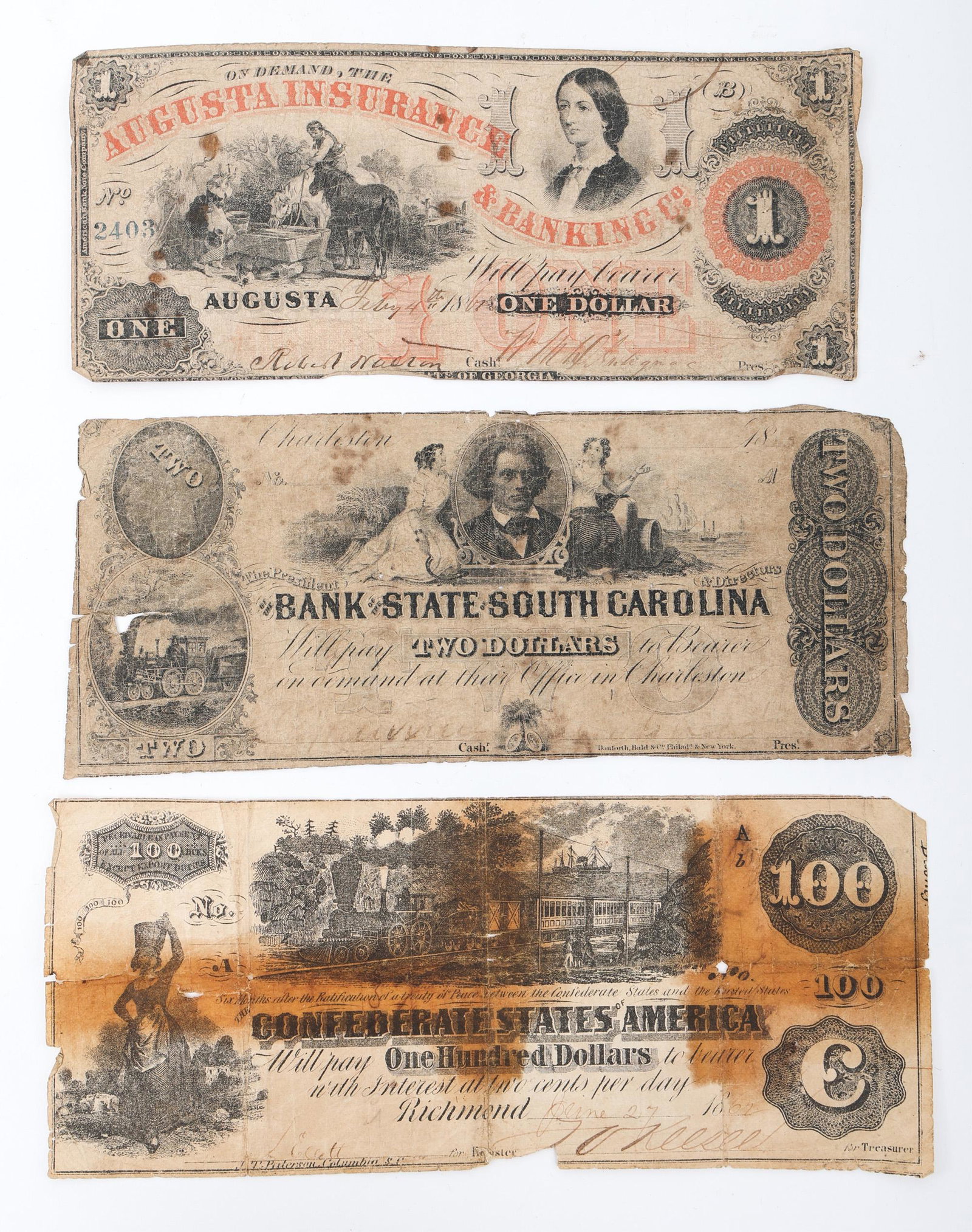 CIVIL WAR CONFEDERATE CURRENCY LOT OF 3: CIVIL WAR CONFEDERATE CURRENCY LOT OF 3 Lot of 3 framed Civil War Confederate bank notes. (1) Confederate Currency: On front: “Augusta Insurance & Banking Co. “One Dollar” Handwritten “July 4t