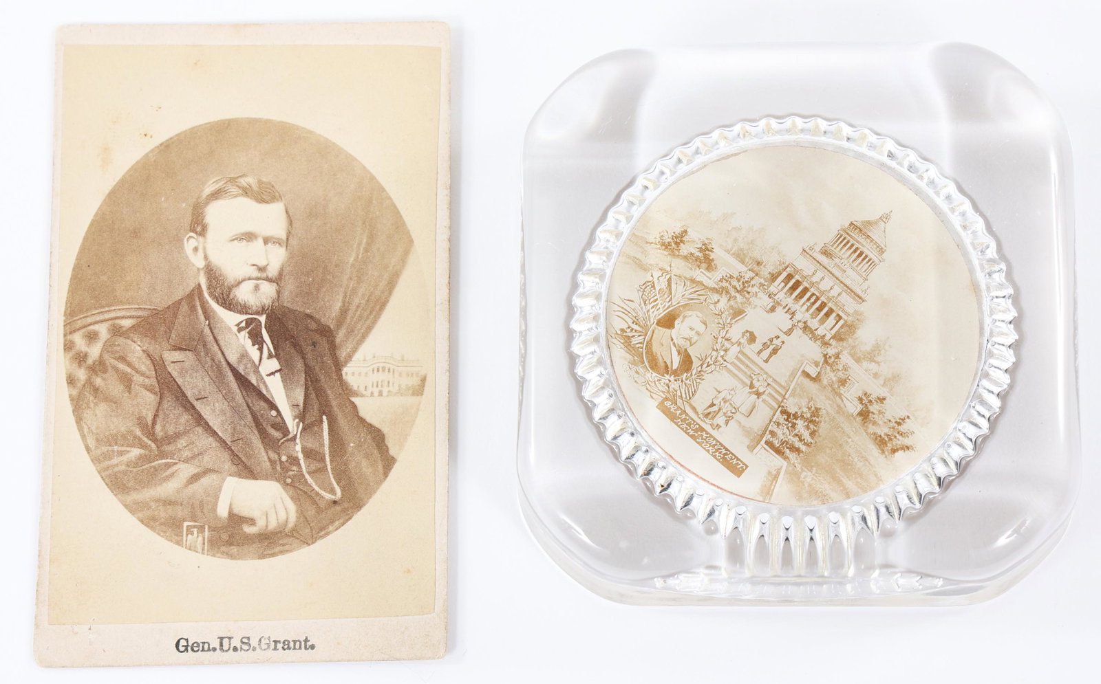 GENERAL GRANT PRESIDENTIAL CAMPAIGN CDV & GLASS: GENERAL GRANT PRESIDENTIAL CAMPAIGN CDV & GLASS US General Grant Presidential Campaign of 1868 CDV & Related Glass Paperweight. (1) CDV photograph of U.S. General Ulysses S. Grant wearing a civilian s