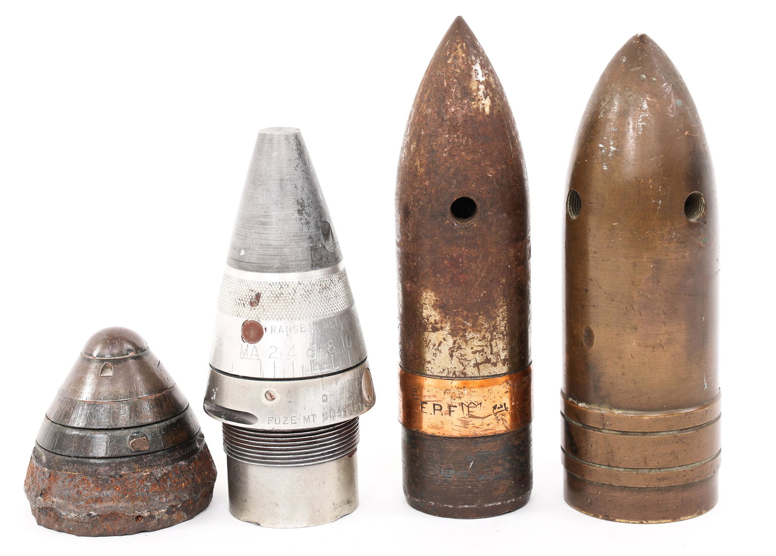 WWI - VIETNAM WAR BRITISH & US ORDNANCE LOT OF 4: WWI - VIETNAM WAR BRITISH & US ORDNANCE LOT OF 4 Lot of 4 WWI - Vietnam British & US Army Ordnance. (1) WWI US M1907, 75mm Artillery fuze. (1) 1967 155mm Howitzer, Fuze MT 592 E1. (1) WWI British Arti