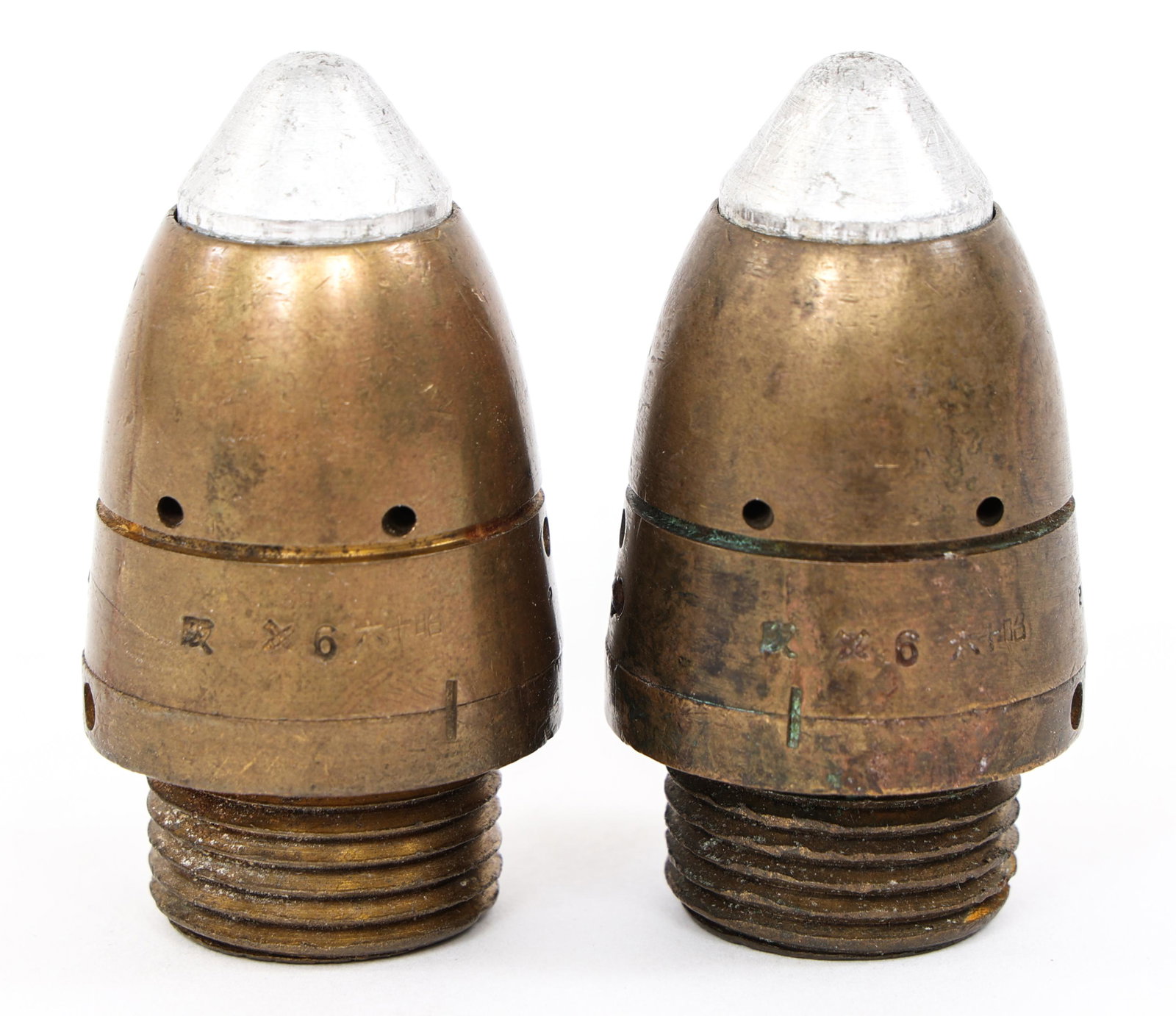 WWII JAPANESE TYPE 88 SHORT DELAY MORTAR FUZE: WWII JAPANESE TYPE 88 SHORT DELAY MORTAR FUZE Lot of 2 Inert WWII Japanese Type 88 Short delay, Mortar Fuzes. Various inspection marks. Size: 2.3/8"