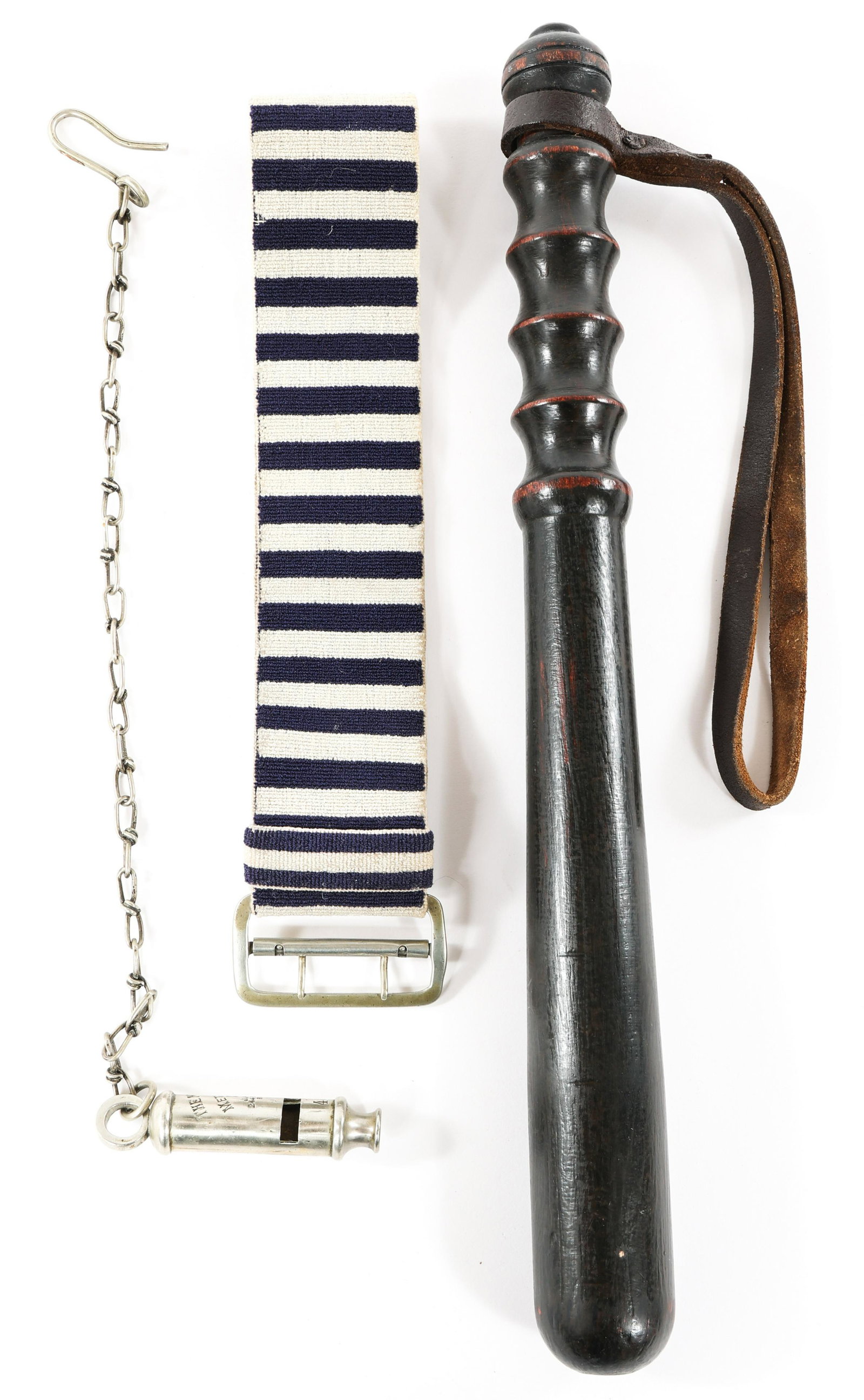 LONDON MET POLICE TRUNCHEON - WHISTLE & ARMBAND: LONDON MET POLICE TRUNCHEON - WHISTLE & ARMBAND Lot of WWI era London, England Metropolitan Police (also known as the “MET” or “Scotland Yard”) officer’s service items. Includes; (1) An earl