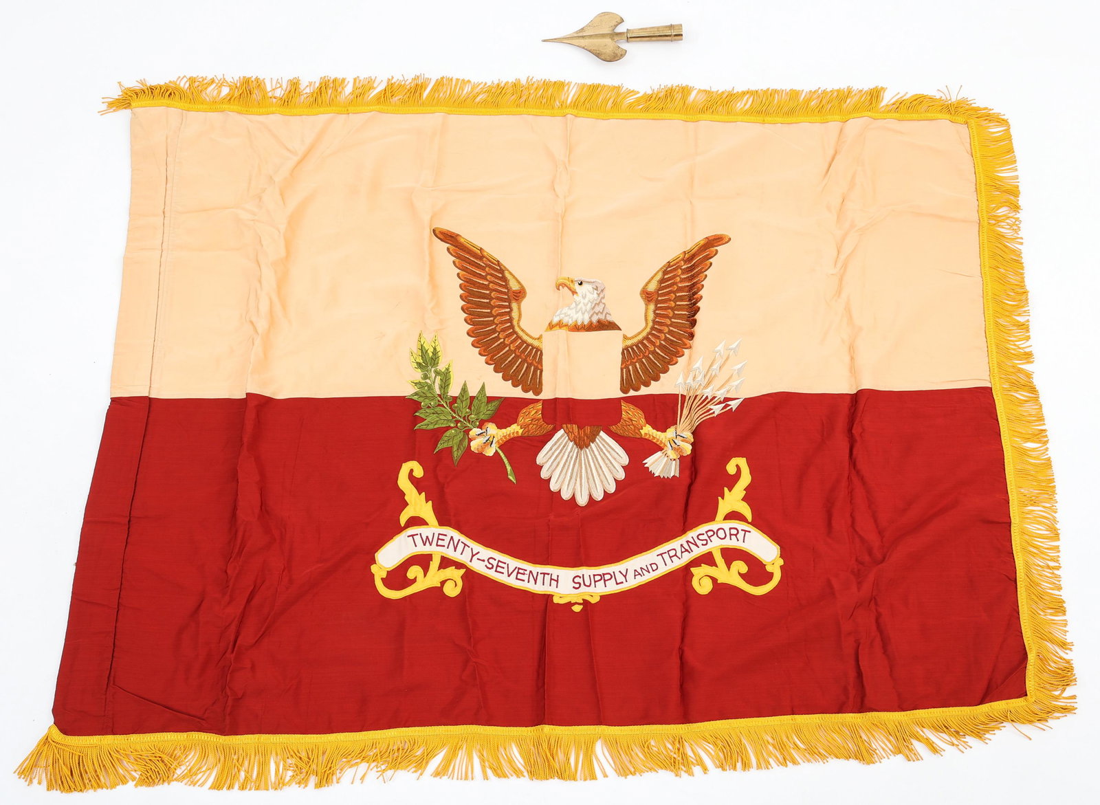 VIETNAM WAR US ARMY 27th SUPPLY & TRANSPORT FLAG: VIETNAM WAR US ARMY 27th SUPPLY & TRANSPORT FLAG Vietnam War US Army 27th Supply & Transport Regimental Flag and Spike Pole. Double sided direct embroidery on nylon fabric with fringes. Mfg tag presen