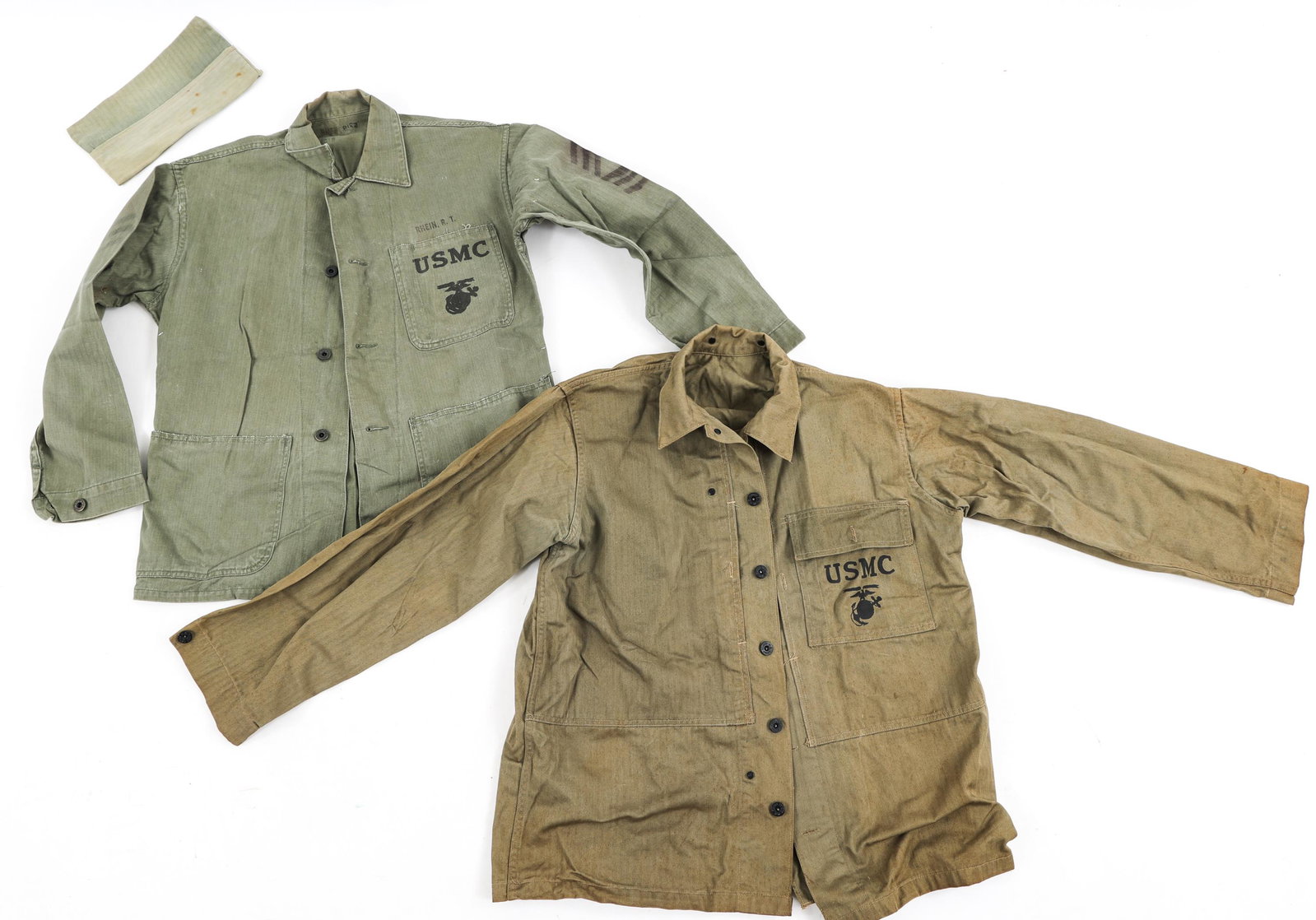 WWII US MARINE CORPS P41 & P44 HBT SHIRTS AND CAP: WWII US MARINE CORPS P41 & P44 HBT SHIRTS AND CAP WWII US Marine Corps HBT Combat Shirts and Garrison Cap. (1) Named P41 Pattern HBT shirt with Sergeant Major stamped stripes. (1) P44 HBT Shirt. (1) T