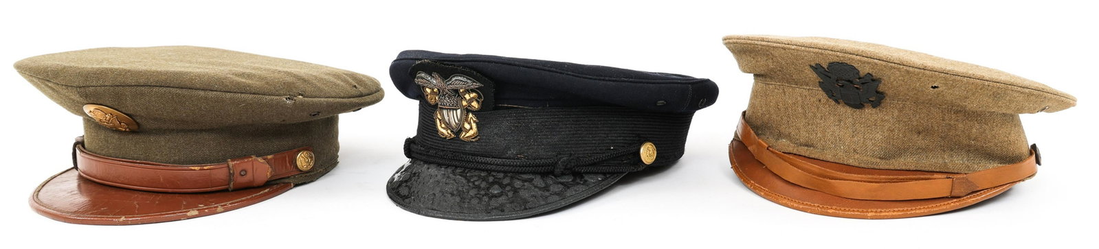 WWI - WWII US ARMY & US NAVY HAT LOT OF 3: WWI - WWII US ARMY & US NAVY HAT LOT OF 3 Lot of 3 US Army & Navy Hats. (1) WWII US Army Enlisted Man / NCO's hat. (1) pre- WWII US Navy Officer dress blue hat with bullion front insignia. (1) WWI US 