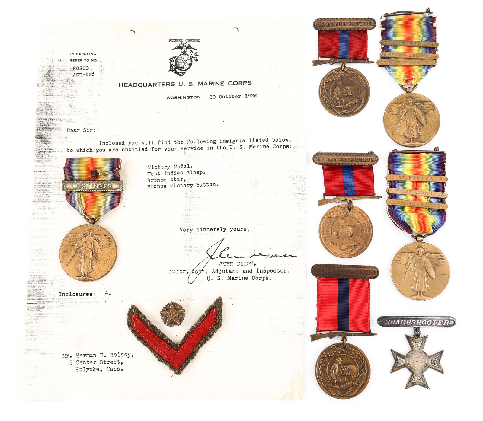 WWI - 1920's US MARINE CORPS MEDAL GROUP LOT OF 4: WWI - 1920's US MARINE CORPS MEDAL GROUP LOT OF 4 Lot of 4 WWI - 1920's USMC Marine Corps Good Conduct & Victory Medal Grouping. (1) Named Good Conduct Medal "No 71979 Roland S. Richardson, 1st Enlist