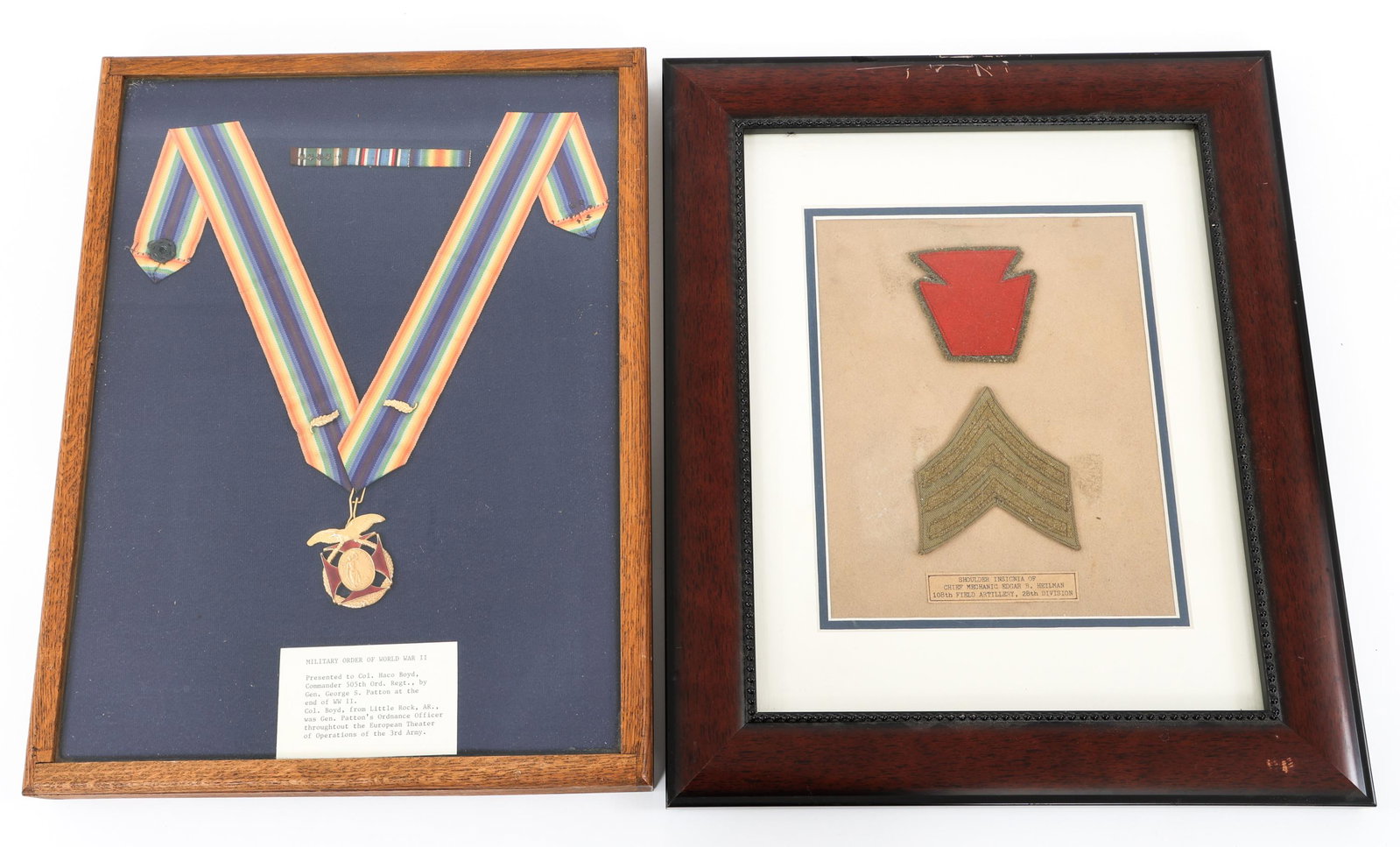 WWI FRAMED PATCHES & WWII MILITARY ORDER MEDAL: WWI FRAMED PATCHES & WWII MILITARY ORDER MEDAL (1) WWI Framed 28th Infantry Division patch and Sergeant stripes. Small paper tag read "Shoulder insignia of Chief Mechanic Edgar B. Heilman, 108th Field