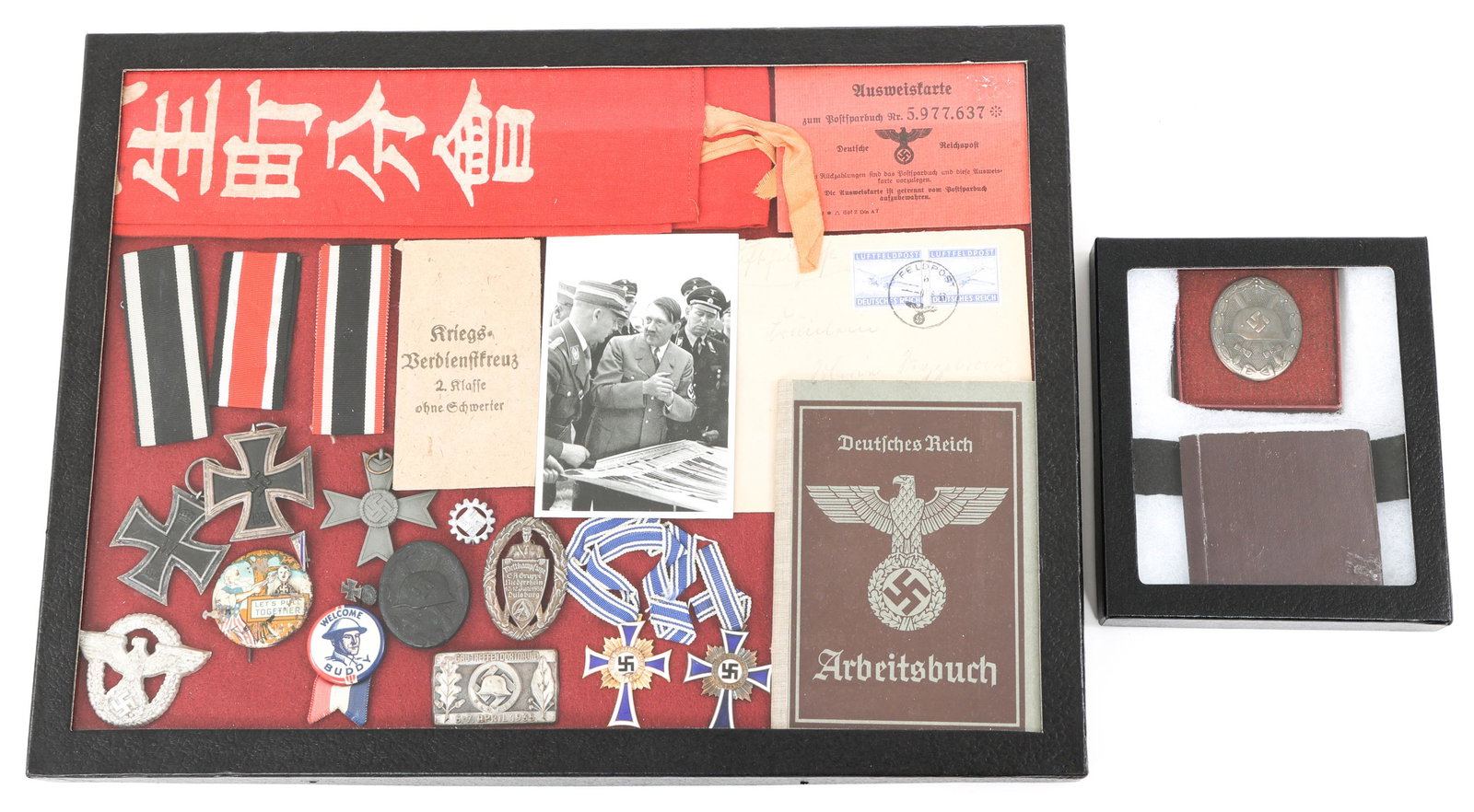 WWII GERMAN MEDALS - BADGES - PINS & DOCS LOT: WWII GERMAN MEDALS - BADGES - PINS & DOCS LOT WWII German & Japanese Collectibles mixed lot. Includes: (1) WWII German Iron Cross 2nd Class, unmarked. (1) WWII German War Merit Cross without sword, un