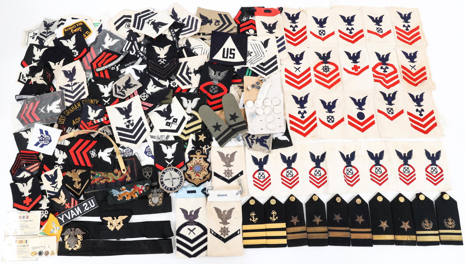 WWII - COLD WAR US NAVY RANK INSIGNIA PATCHES LOT: WWII - COLD WAR US NAVY RANK INSIGNIA PATCHES LOT WWII to Cold War Era US Navy Rank Insignia, Shoulder Boards and Patches Lot. Various ranks and specialties.