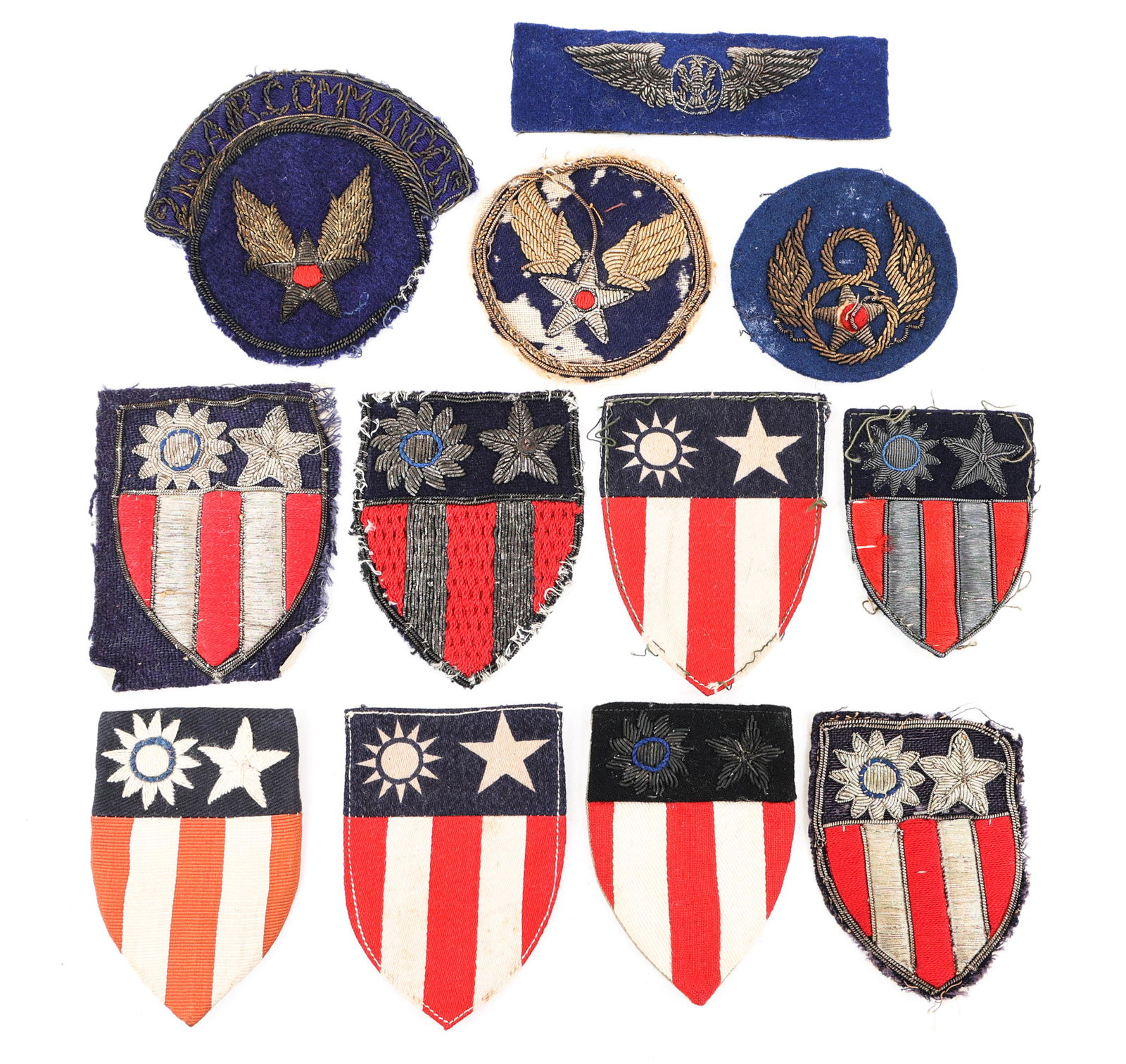 WWII US ARMY AIR FORCE CBI THEATER MADE PATCHES: WWII US ARMY AIR FORCE CBI THEATER MADE PATCHES Lot of 12 WWII US Army Air force Theater Made Shoulder Patches. 8th AAF, 2nd Air Command, Aircrew "Combat" wings, AAF and CBI. Various patterns of heavy