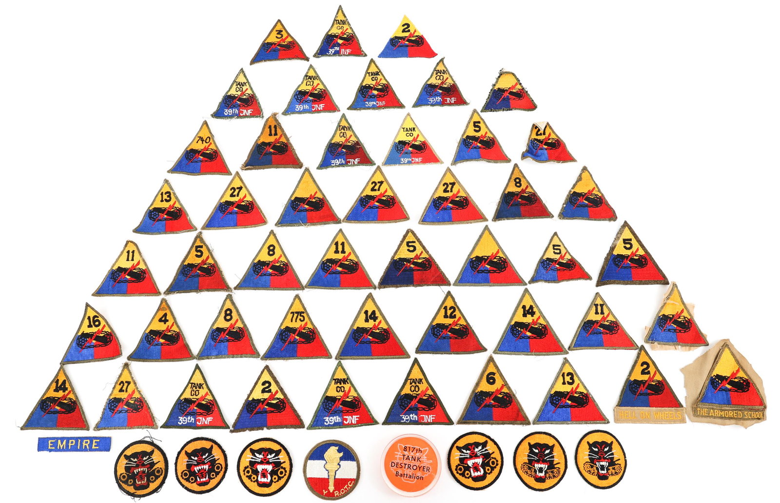 TANK DESTROYER & ARMORED SHOULDER PATCHES: TANK DESTROYER & ARMORED SHOULDER PATCHES Lot of Approx. 57, WWII - Korea US Army Tank Destroyer & Armored Division Shoulder Patches. Including; 8 & 4 wheels Tank Destroyer, 39th Infantry Tank Co, 2nd