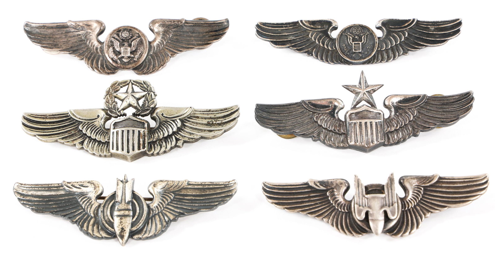 WWII US ARMY AIR FORCE 3" QUALIFICATION WINGS: WWII US ARMY AIR FORCE 3" QUALIFICATION WINGS Lot of 6 WWI US Army Air Force 3" Qualification Wings. (1) 3" Command Pilot, "Meyer", Sterling pinback. (1) 3" Senior Pilot, "Meyer", Sterling clutchback.