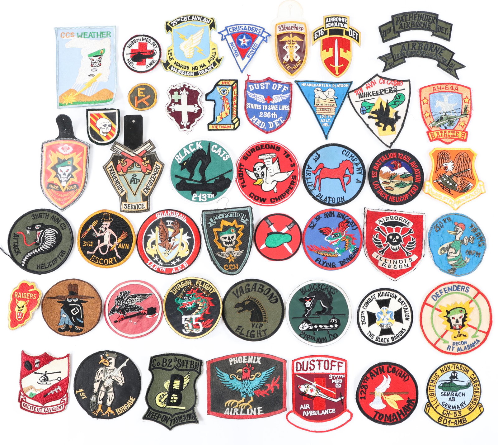 VIETNAM WAR US ARMY POCKET & SHOULDER PATCHES LOT: VIETNAM WAR US ARMY POCKET & SHOULDER PATCHES LOT Vietnam War US Army Pocket & Shoulder Patches. Mixed lot of Theater made and novelty patches, including; Army Aviation; MACV, Airborne, Dust Off, reco