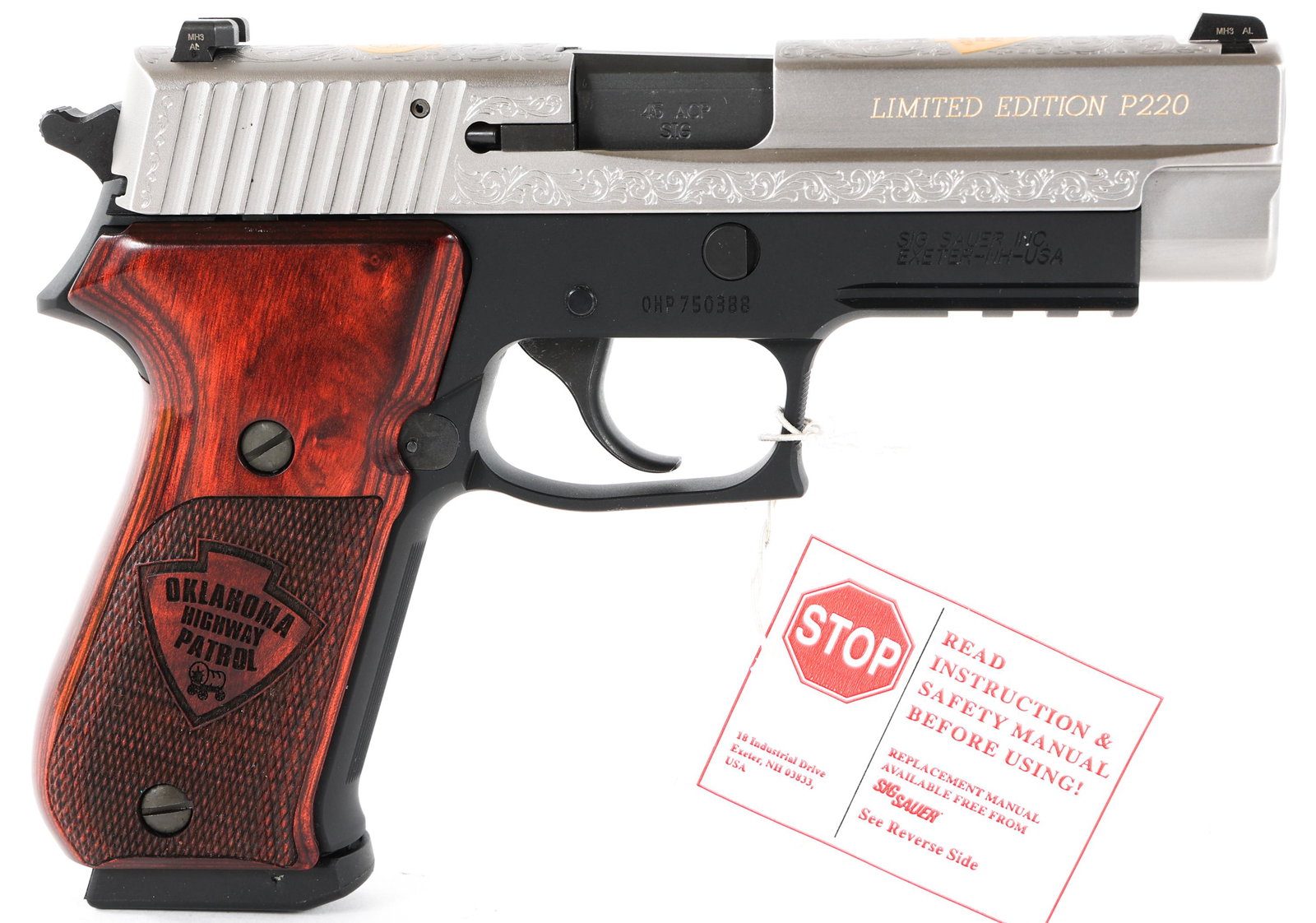 SIG SAUER P220 OKLAHOMA HIGHWAY PATROL PISTOL: SIG SAUER P220 OKLAHOMA HIGHWAY PATROL PISTOL Sig Sauer Model P220 .45 ACP caliber semi-automatic Oklahoma Highway Patrol 1937-2012 75th Anniversary Commemorative Pistol. Engraved slide with gold lett