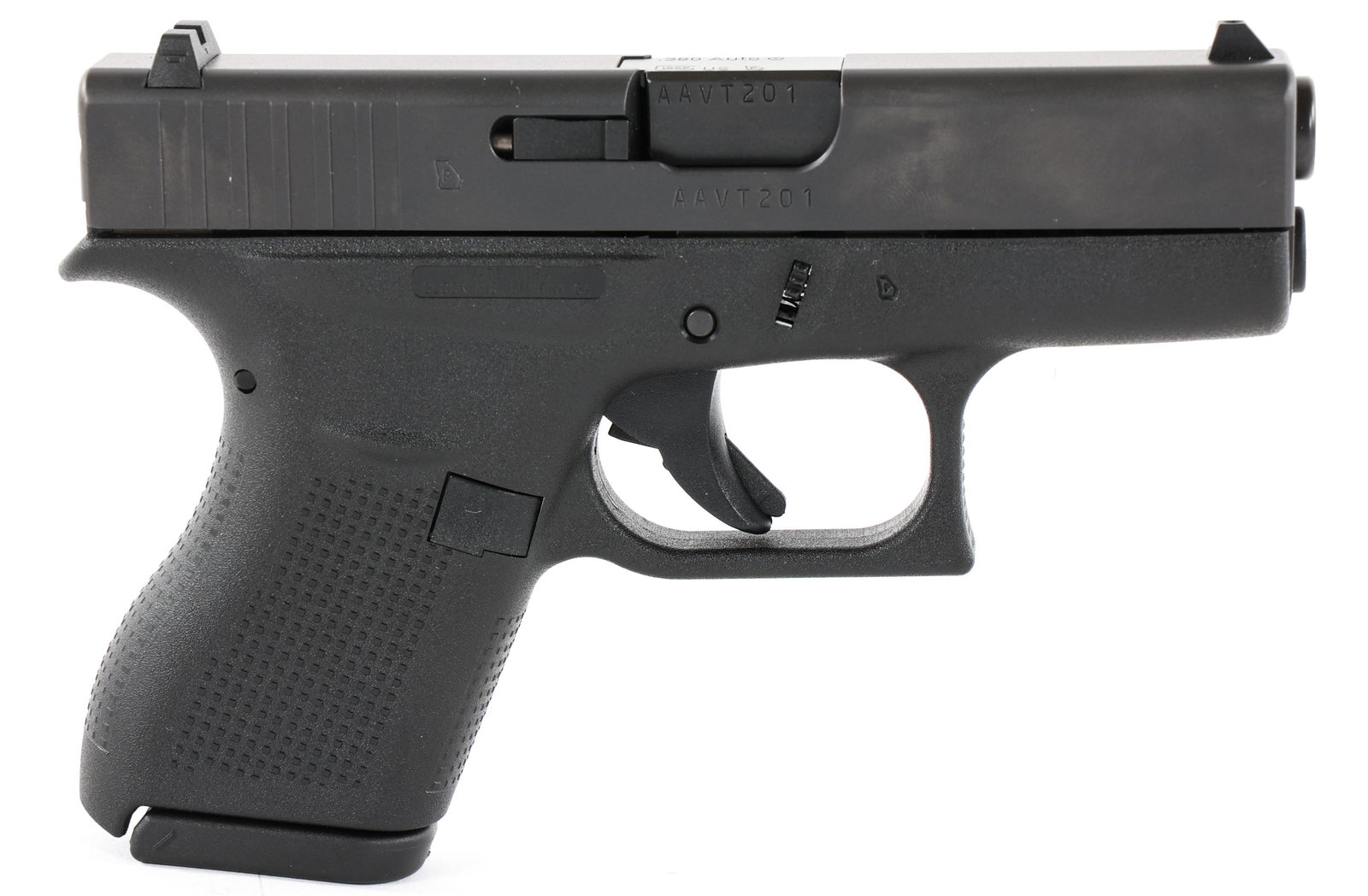 GLOCK MODEL 42 .380 ACP SEMI AUTO PISTOL: GLOCK MODEL 42 .380 ACP SEMI AUTO PISTOL Glock Model 42 .380 ACP Semi Automatic Pistol. The slide is stamped "Glock 42 USA .380 Auto". Nitride finish. Polymer frame. Fixed sights. Two magazines. Origi