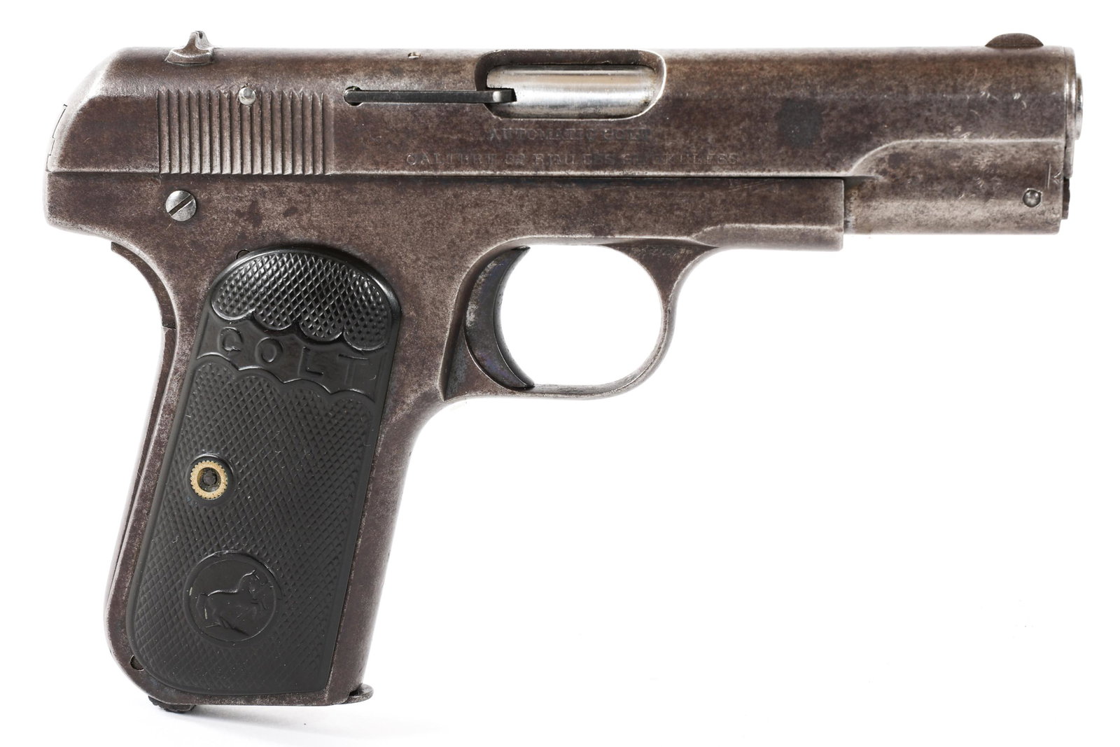 1910 COLT M1903 POCKET HAMMERLESS .32 CAL PISTOL: 1910 COLT M1903 POCKET HAMMERLESS .32 CAL PISTOL 1910 Colt Model 1903 Pocket Hammerless .32 Automatic caliber pistol. Colt hard rubber grips. One magazine. Caliber / Gauge: 32 ACP. Barrel Length: 3.75