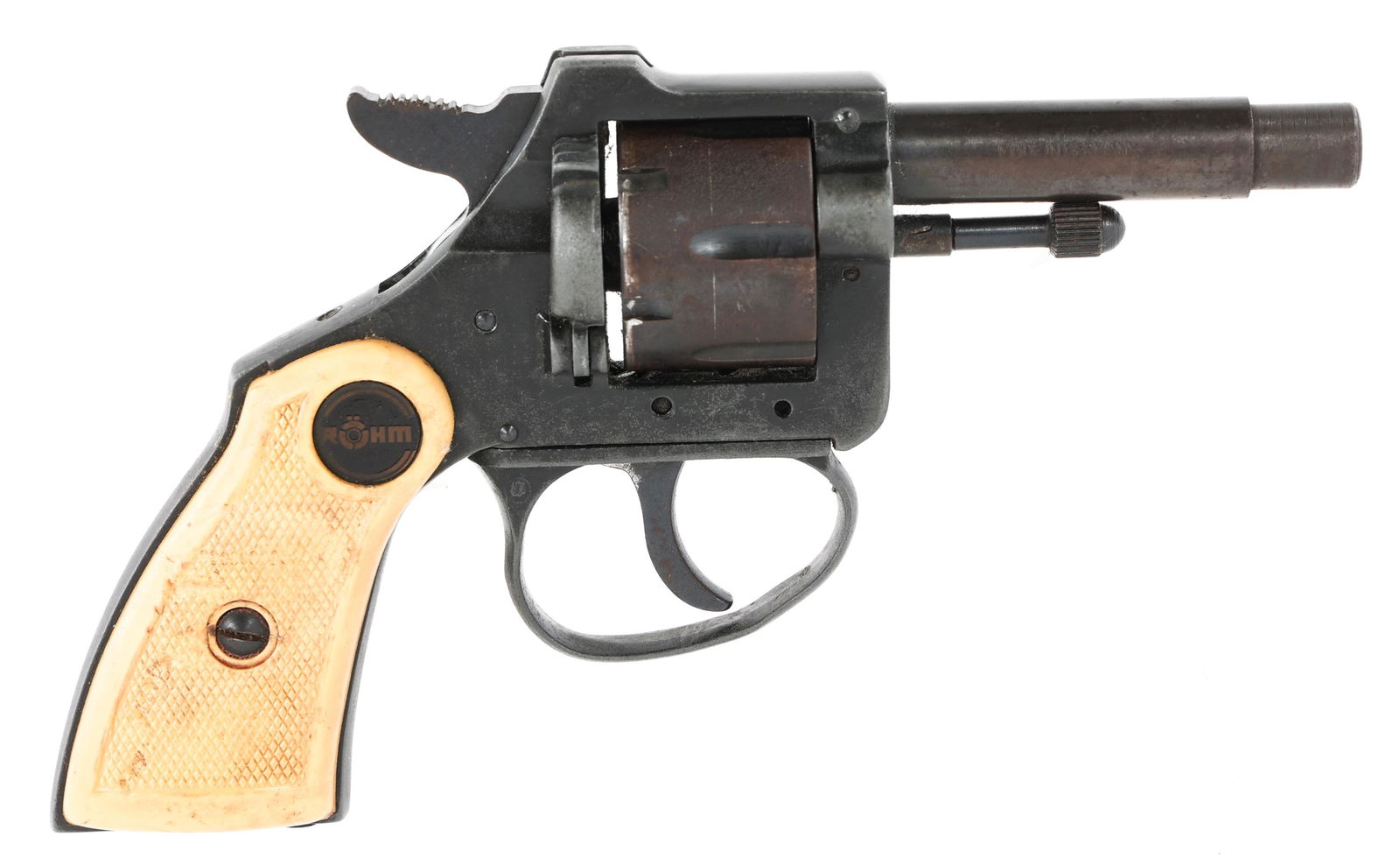 ROHM MODEL RG10 .22 SHORT REVOLVER: ROHM MODEL RG10 .22 SHORT REVOLVER Rohm Model RG10 .22 Short Revolver. The barrel is marked "Made in Germany" and "Rohm GMBH Sontheim / Brenz .22 Short". Matching serial number on cylinder and frame.