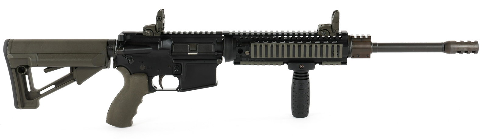 ARMALITE MODEL M15 5.56mm CALIBER SEMI AUTO RIFLE: ARMALITE MODEL M15 5.56mm CALIBER SEMI AUTO RIFLE Armalite Model M15 5.56mm caliber semi-automatic rifle. Daniel Defense rail system. CAA fore grip. Magpul STR buttstock. MBUS flip up sights. Rubber p