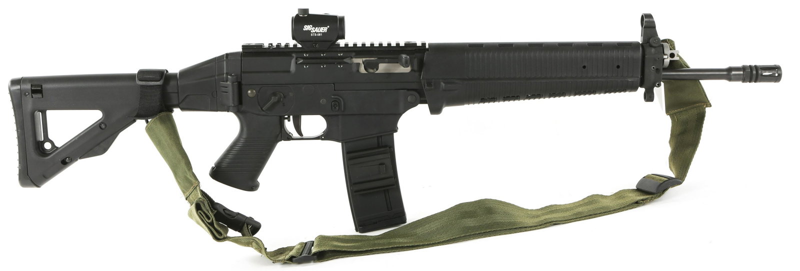 SIG SAUER MODEL 556 5.56x45mm SEMI AUTOMATIC RIFLE: SIG SAUER MODEL 556 5.56x45mm SEMI AUTOMATIC RIFLE Sig Sauer model 556 5.56x45mm semi automatic rifle with carrying case. The receiver is marked "Sig 556 5.56 NATO Sig Sauer INC. Exeter, NH". Black pa