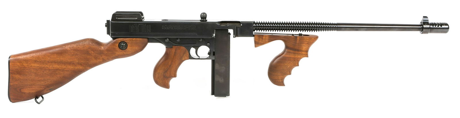 AUTO-ORDNANCE MODEL 1927 A1 THOMPSON .45 CAL RIFLE: AUTO-ORDNANCE MODEL 1927 A1 THOMPSON .45 CAL RIFLE Auto Ordnance Model 1927 A1 Thompson semi-automatic .45 caliber rifle. One stick magazine and one drum magazine. Guitar carrying case. Original manua