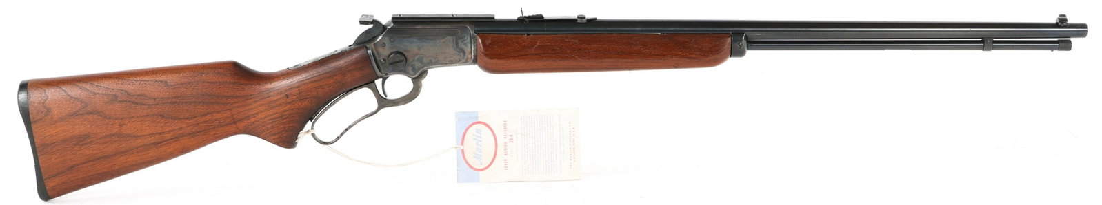 MARLIN MODEL 39A LEVER ACTION RIFLE 22 CALIBER: MARLIN MODEL 39A LEVER ACTION RIFLE 22 CALIBER Marlin Model 39A .22 S. L. LR. Lever Action Rifle. Blued barrel and walnut pistol grip stock and fore grip. Tube fed. Rear adjustable sight and front bla
