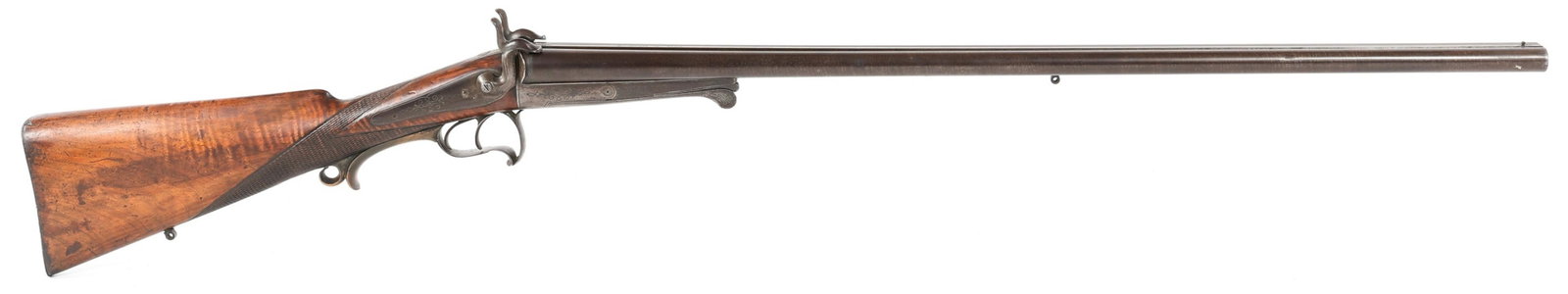 BELGIAN 12 GAUGE PINFIRE SHOTGUN: BELGIAN 12 GAUGE PINFIRE SHOTGUN Belgian 12 gauge side by side double barrel pinfire shotgun. Lightly engraved. Barrel rib marked Batter in Main. Liege proofed barrels with 17.2 choke. Matching serial