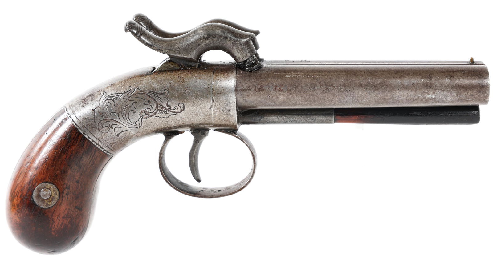 BRUCE & DAVIS SIDE BY SIDE PERCUSSION PISTOL: BRUCE & DAVIS SIDE BY SIDE PERCUSSION PISTOL Bruce & Davis .32 caliber double barrel percussion pistol. Barrel stamped "PM B. 1854 Bruce & Davis Cast Steel". Lightly engraved receiver. Matching number