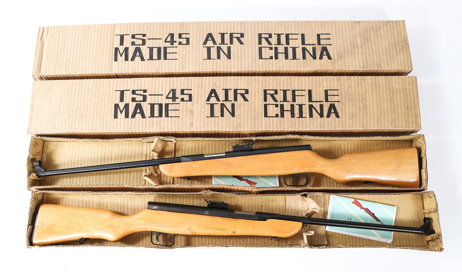 CHINESE MODEL TS-45 .177 AIR RIFLES LOT OF 2: CHINESE MODEL TS-45 .177 AIR RIFLES LOT OF 2 Chinese Model TS-45 .177 spring piston air rifles lot of 2. Hooded front sight and adjustable rear sight. Blued finish with wood stock and sling mounts. No
