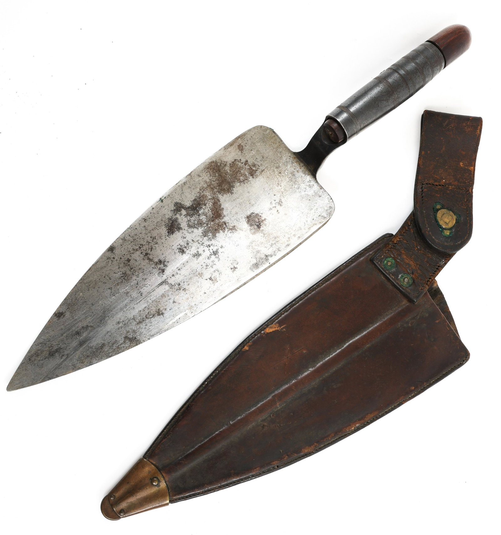 SPAN-AM WAR M1873 TROWEL BAYONET & LEATHER SHEATH: SPAN-AM WAR M1873 TROWEL BAYONET & LEATHER SHEATH | Spanish American War M1873 Trowel Bayonet. Bright blade. Wooden plug insert. Leather covered scabbard, brass chape and "US" rivet. Stamped on the so