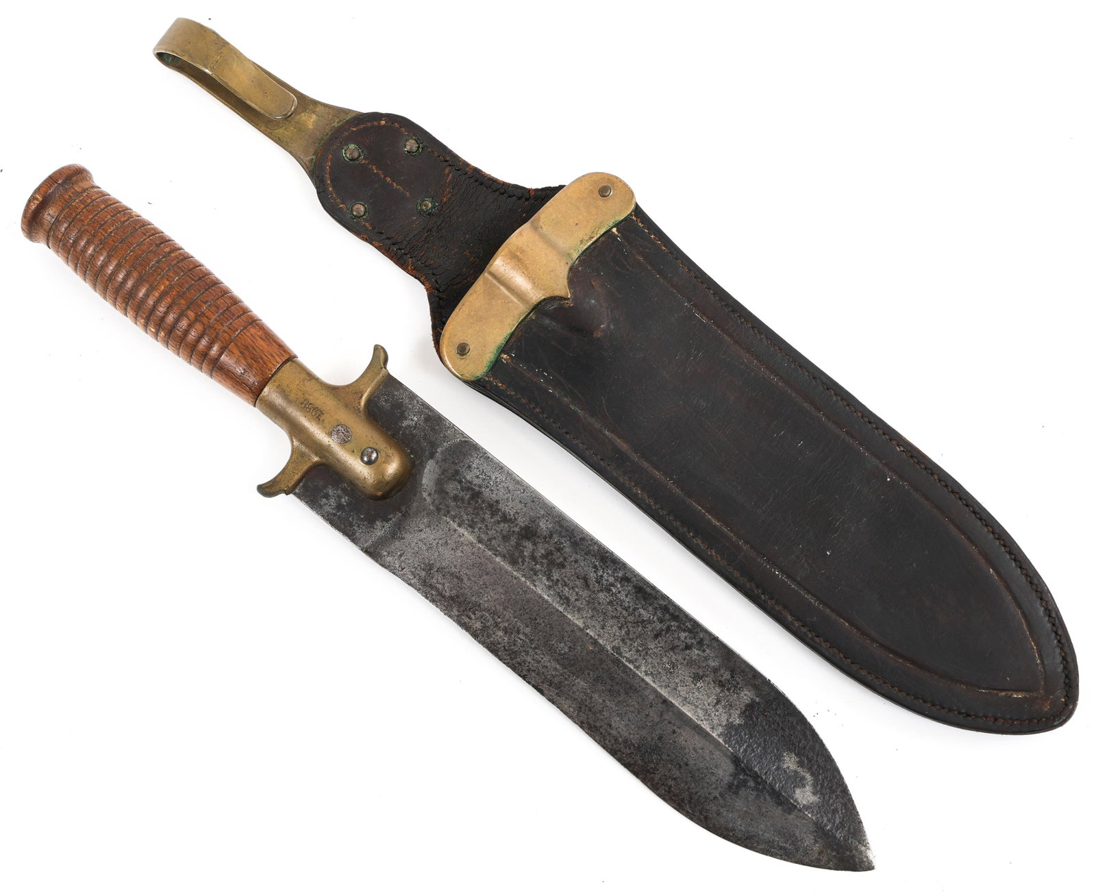 US SPRINGFIELD MODEL 1880 HUNTING KNIFE: US SPRINGFIELD MODEL 1880 HUNTING KNIFE | U.S. Springfield Model 1880 Hunting Knife with Sheath. Wide steel blade with medial ridge. Brass guard stamped "U.S Springfield" on one side and serial "1988"