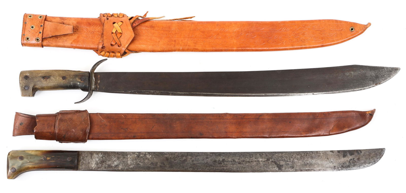 LEGITIMUS COLLINS & CO No 278 & No 460 MACHETE: LEGITIMUS COLLINS & CO No 278 & No 460 MACHETE | Lot of 2 Legitimus Collins & Co Machetes. (1) Legitimus Collins & Co No 278 machete. Maker marked. Leather scabbard. (1) Legitimus Collins & Co No 460