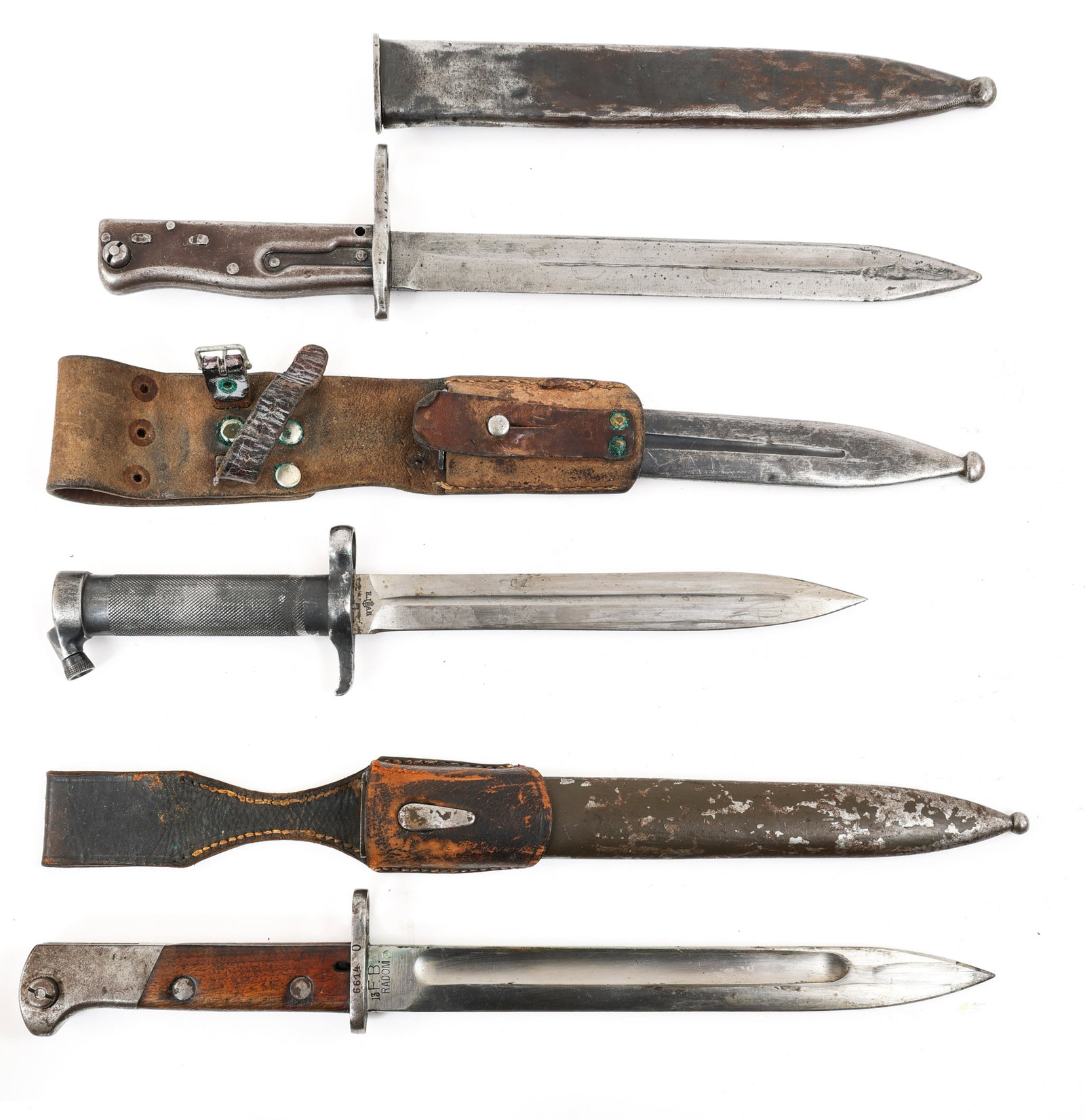 WWII GERMAN - POLISH & SWEDISH BAYONET LOT OF 3: WWII GERMAN - POLISH & SWEDISH BAYONET LOT OF 3 | Lot of 3 bayonets. (1) Polish M1929 Mauser Bayonet with steel scabbard and leather frog. Spear point, bright blade with fuller. Serial number stamped 