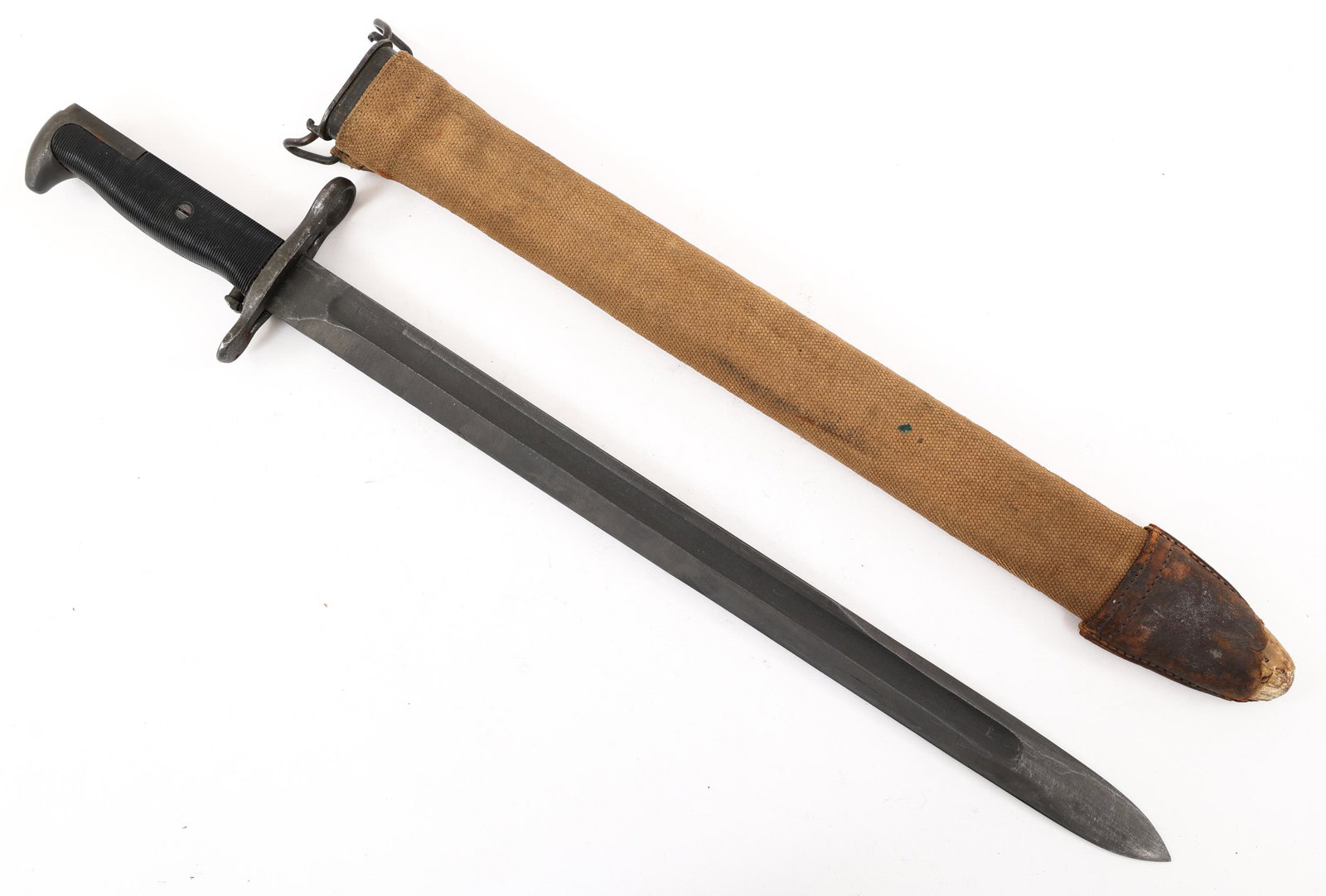 WWII US ARMY M1 1942 BAYONET WITH M1910 SCABBARD: WWII US ARMY M1 1942 BAYONET WITH M1910 SCABBARD | WWII US Army M1 Garand Model 1942 Long Bayonet with M1910 Canvas Covered scabbard. Spear point, parkerized blade. Ricasso Marked "PAL, US, 1943". Pla