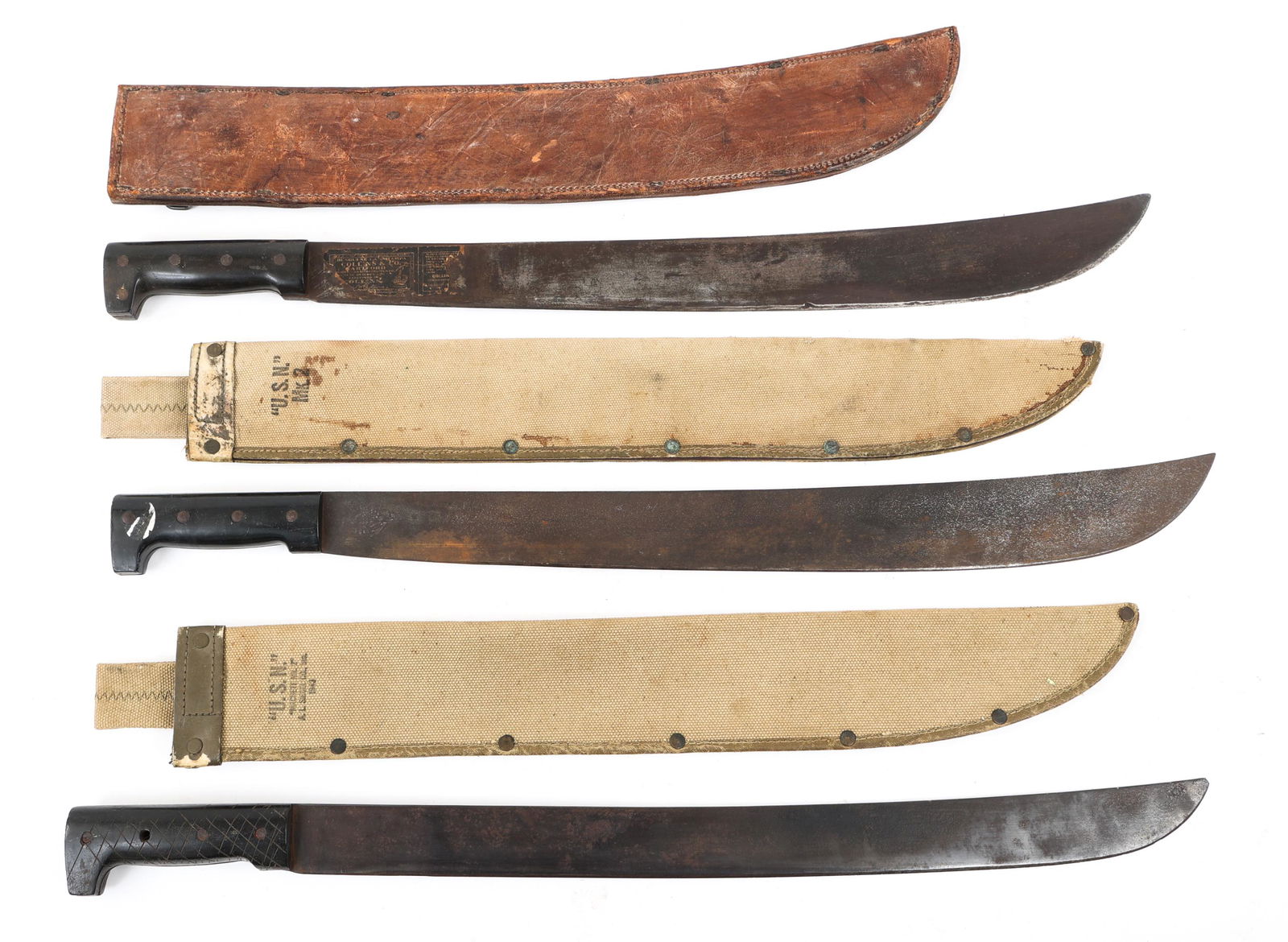 WWII US ARMY LEGITIMUS COLLINS MACHETE LOT OF 3: WWII US ARMY LEGITIMUS COLLINS MACHETE LOT OF 3 | Lot of 3 WWII US Army Legitimus Collins Co Machetes. (1) Legitimus Collins & Co machete, maker marked, dated 1942. Leather scabbard stamped "US, ALPCo