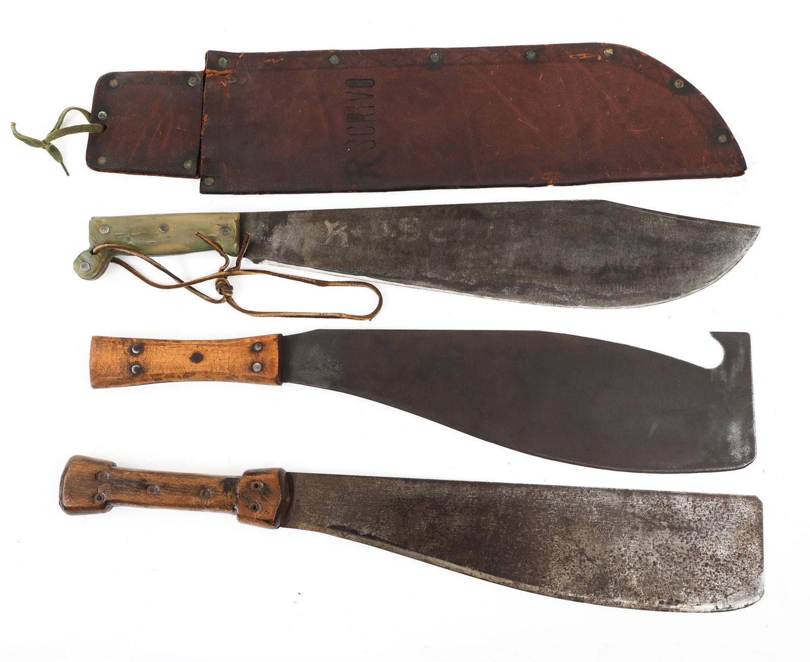 WWII ERA LEGITIMUS COLLINS & GERMAN SHORT MACHETE: WWII ERA LEGITIMUS COLLINS & GERMAN SHORT MACHETE | Lot of WWII Era short Machetes. (1) Legitimus Collins & Co No 284 Short machete. Maker mark stamped on the blade (hard to see). Leather scabbard sta