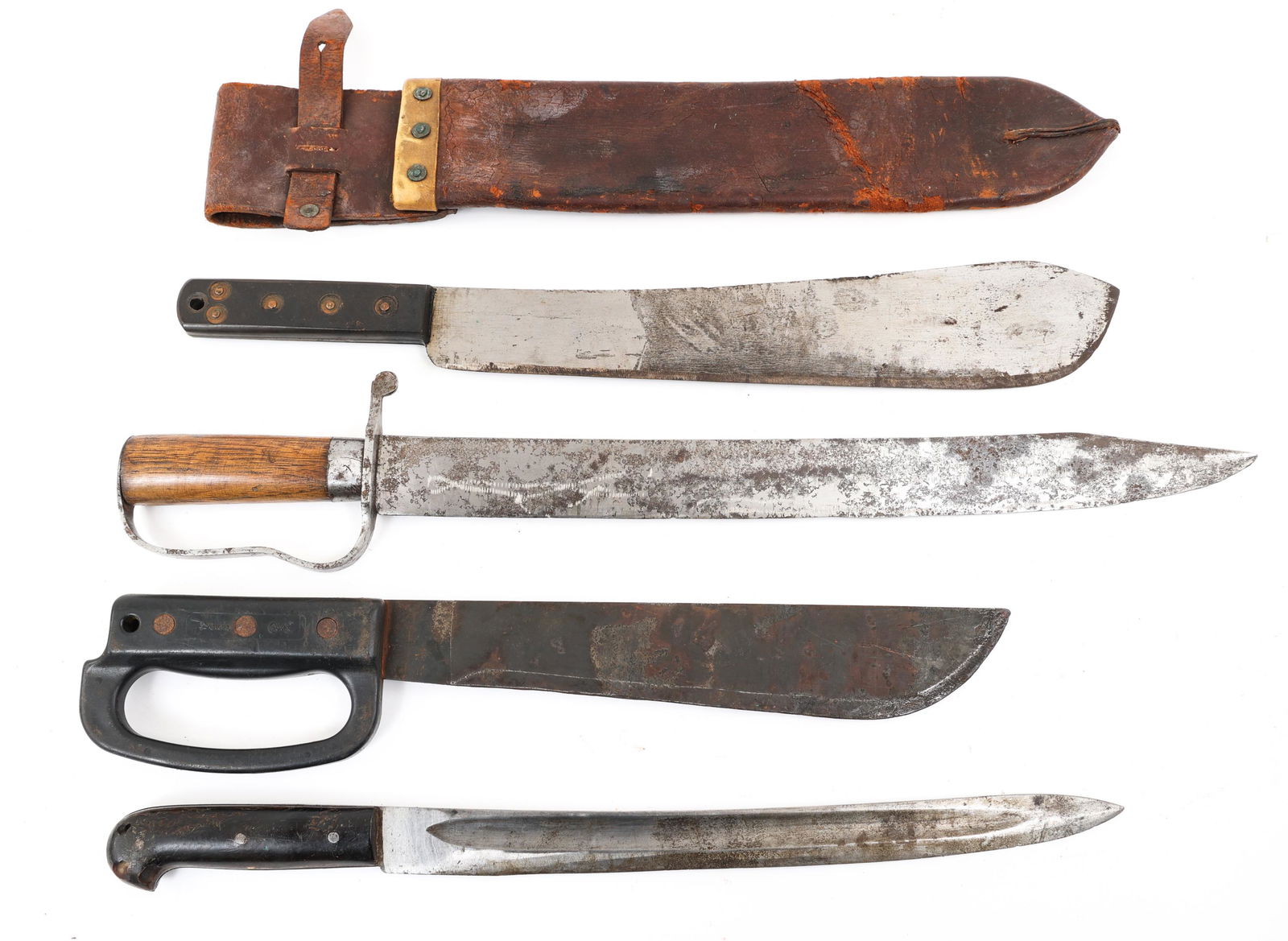 WWII - COLD WAR MACHETE LOT OF 4: WWII - COLD WAR MACHETE LOT OF 4 | Lot of 4 WWII - Cold War Era Machetes. (1) Ontario, 12" blade with plastic "knuckle" guard handle. Stamped "Ontario Knife. U.S" on the ricasso and "Blackie - Collins