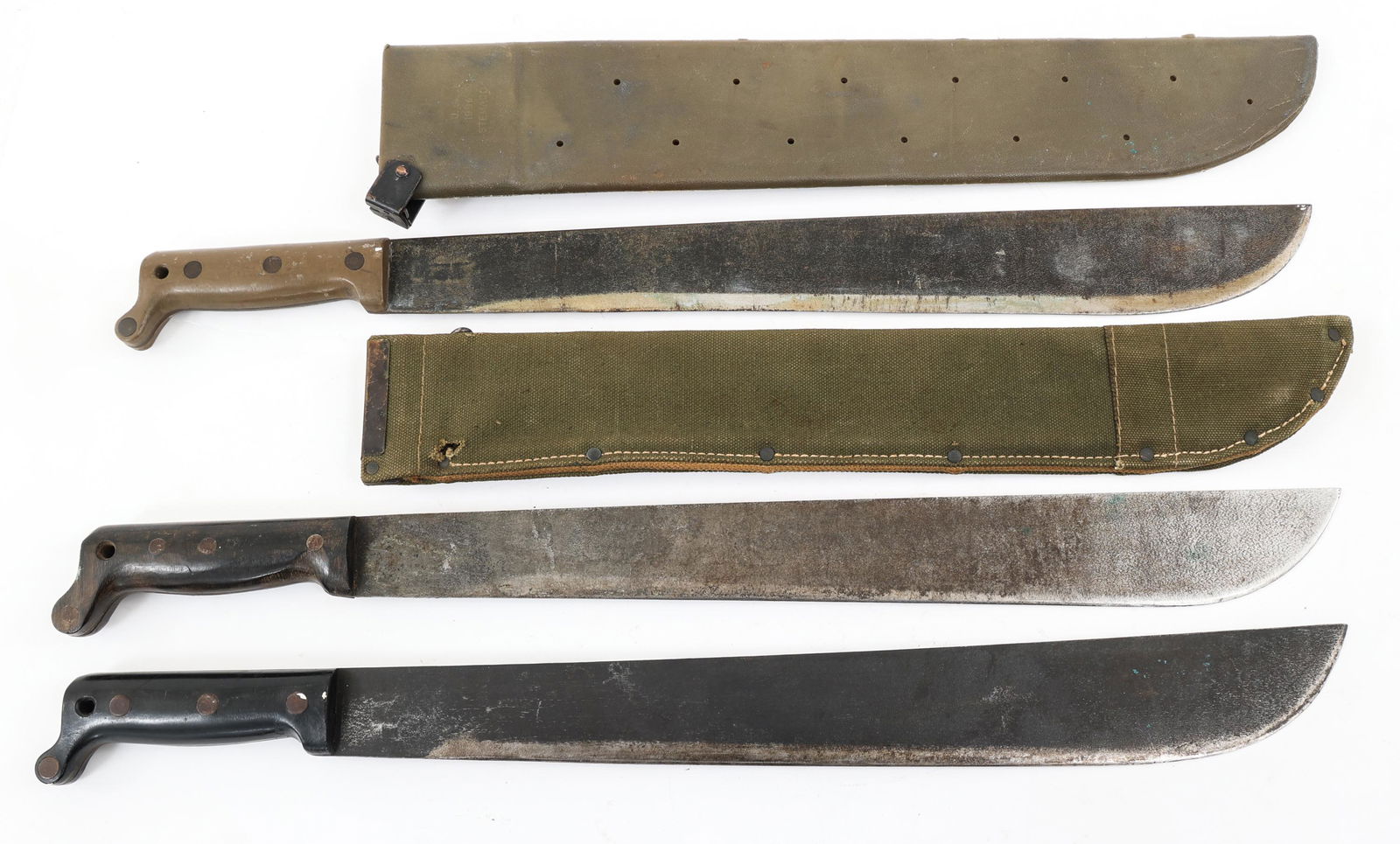 WWII US ARMY ISSUED MACHETE LOT OF 3 DIFF. MAKERS: WWII US ARMY ISSUED MACHETE LOT OF 3 DIFF. MAKERS | Lot of 3 Different Makers, WWII US Army Issued 18" Blade Machetes. (1) Maker marked "U.S Legitimus, Collins & Co 1944" with OD green canvas scabbard