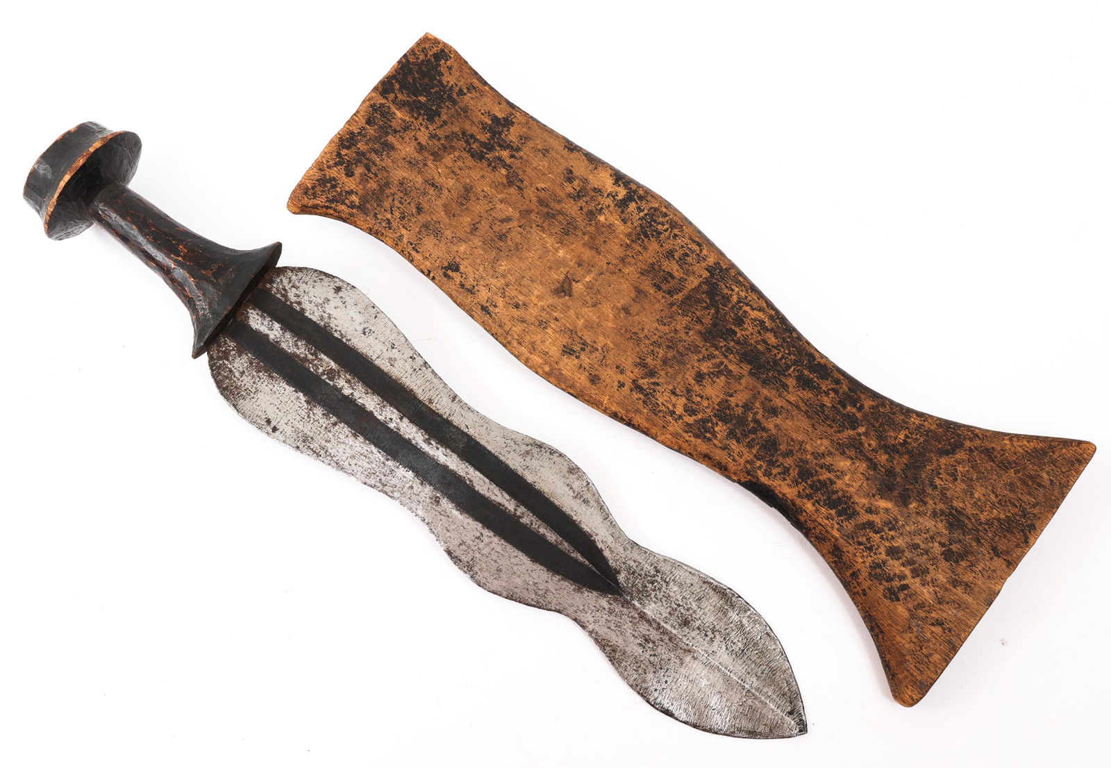 AFRICAN MONGO TRIBE HAND FORGED SHORT SWORD: AFRICAN MONGO TRIBE HAND FORGED SHORT SWORD | Central Africa, Mongo Tribe Hand Forged Short Sword / Knife. Steel blade with wood grip, decorated wooden scabbard. Blade Length: 11" Total Length: 15"