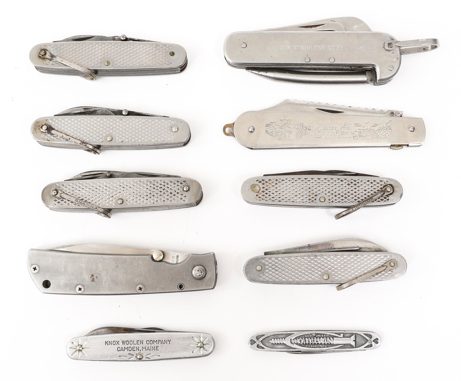STEEL FOLDING POCKET KNIVES LOT OF 10: STEEL FOLDING POCKET KNIVES LOT OF 10 | Mixed lot of 10 All Steel Folding Pocket Knives. Various makers (Some unmarked) and patterns of single and multi-blades. Blade Length: 2" to 3.5" Total Length: 