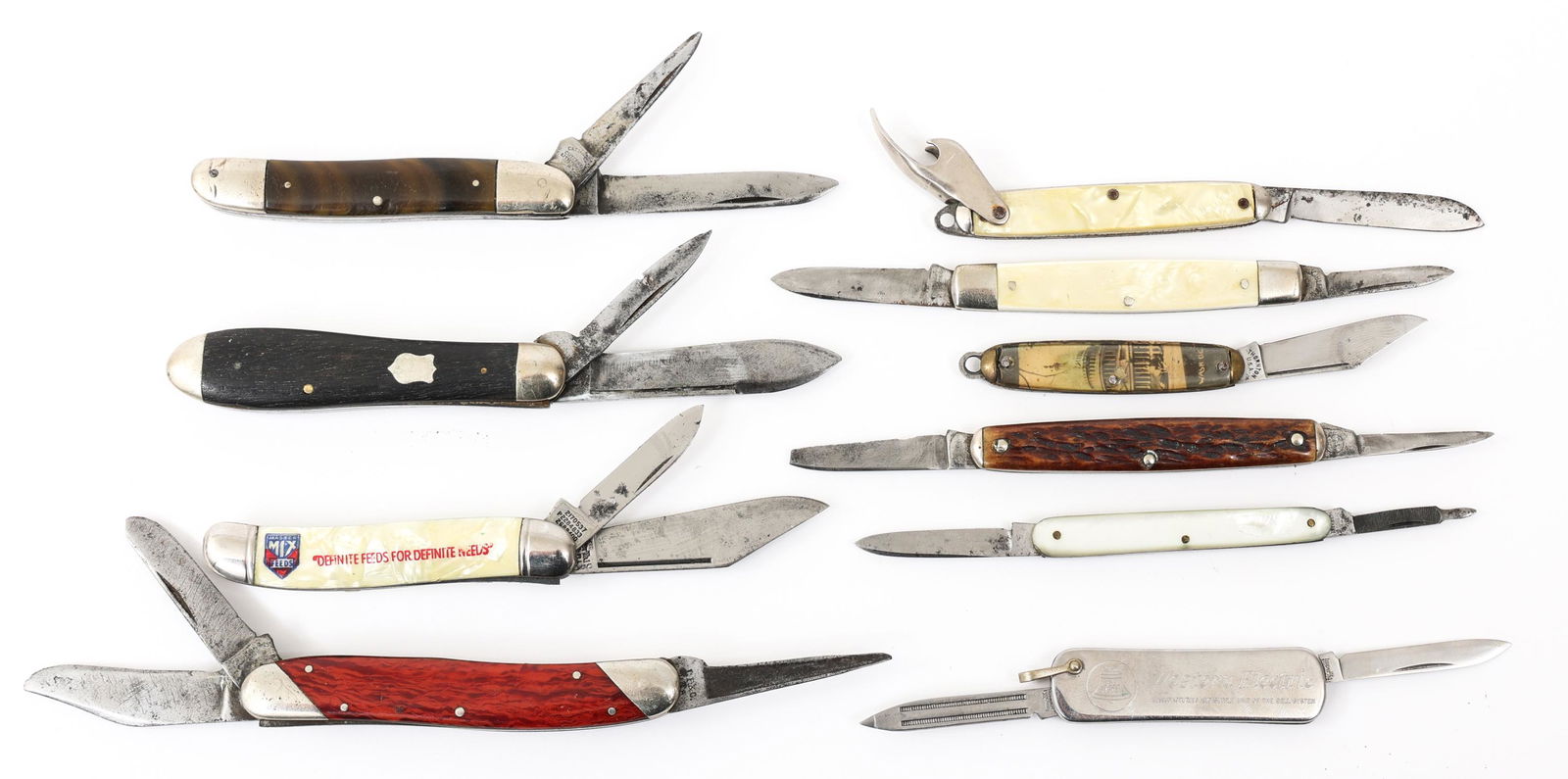 FOLDING POCKET KNIVES LOT OF 10: FOLDING POCKET KNIVES LOT OF 10 | Mixed lot of 10 Folding Pocket Knives. Various makers and patterns of single and multi-blades. Blade Length: 1.5" to 2.5" Total Length: 4" to 6"