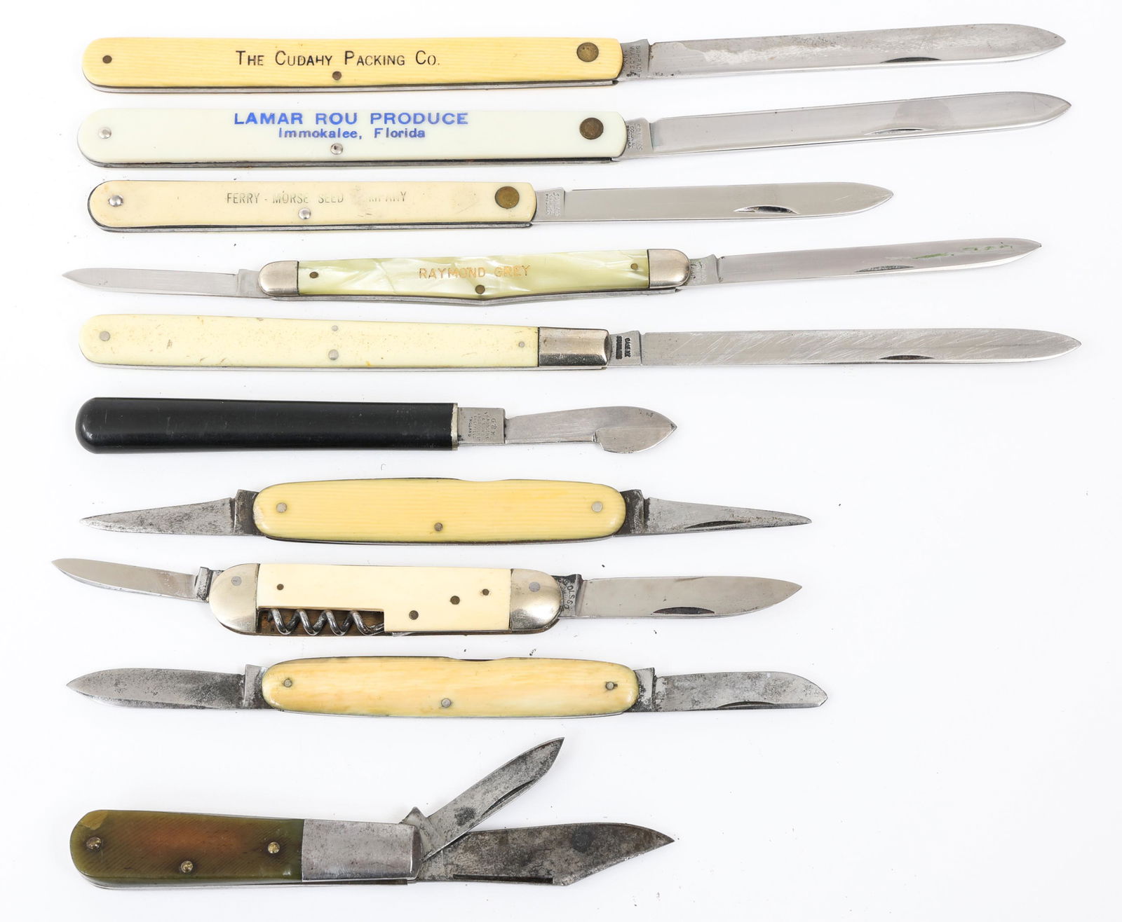 MELON TESTER & FOLDING POCKET KNIFE LOT OF 10: MELON TESTER & FOLDING POCKET KNIFE LOT OF 10 | Lot of 10 Melon tester & Folding Pocket Knives. Various makers and pattern of single and multi-blades. Including H&B; IXL George Wostenholm; Richard Spe