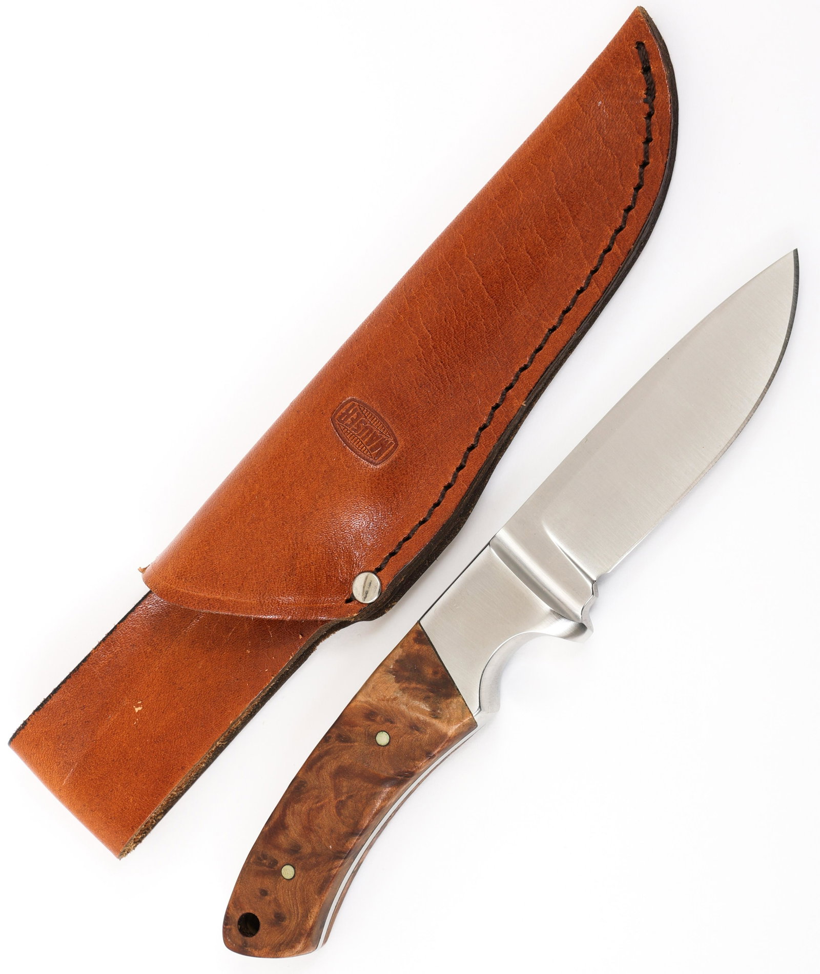 GERMAN MADE MAUSER 440C HUNTING KNIFE WITH SHEATH: GERMAN MADE MAUSER 440C HUNTING KNIFE WITH SHEATH | German Made "Mauser 440c" Hunting Knife with leather sheath. Single-edged bright blade with visible crossgrain. False wood Micarta grips. Maker mark