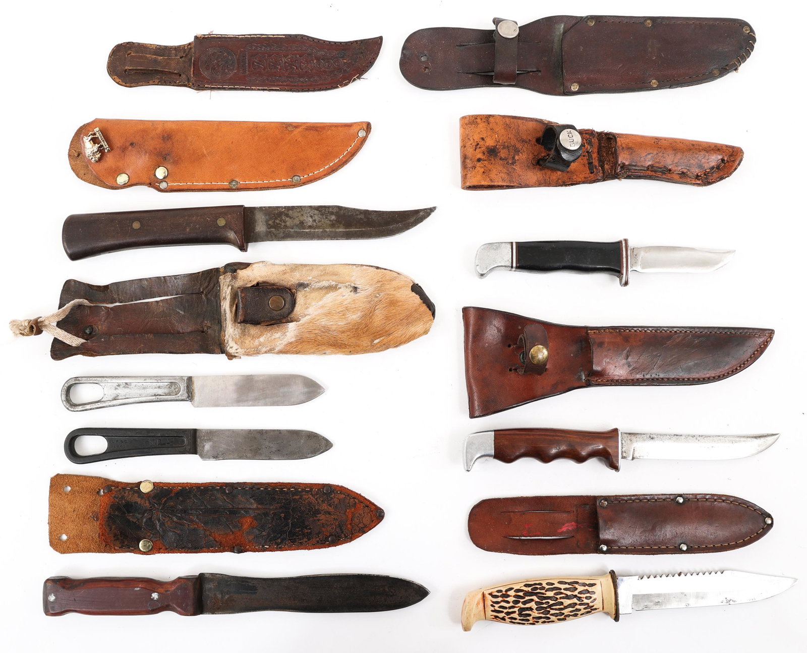 HUNTING FISHING KNIFE & SHEATH LOT OF 7: HUNTING FISHING KNIFE & SHEATH LOT OF 7 | Mixed lot of Various Maker Fishing-Hunting Straight Blade Knives & extra leather sheath. Buck, Colonial and other brands. Blade Length: 3" to 6" Total Length: