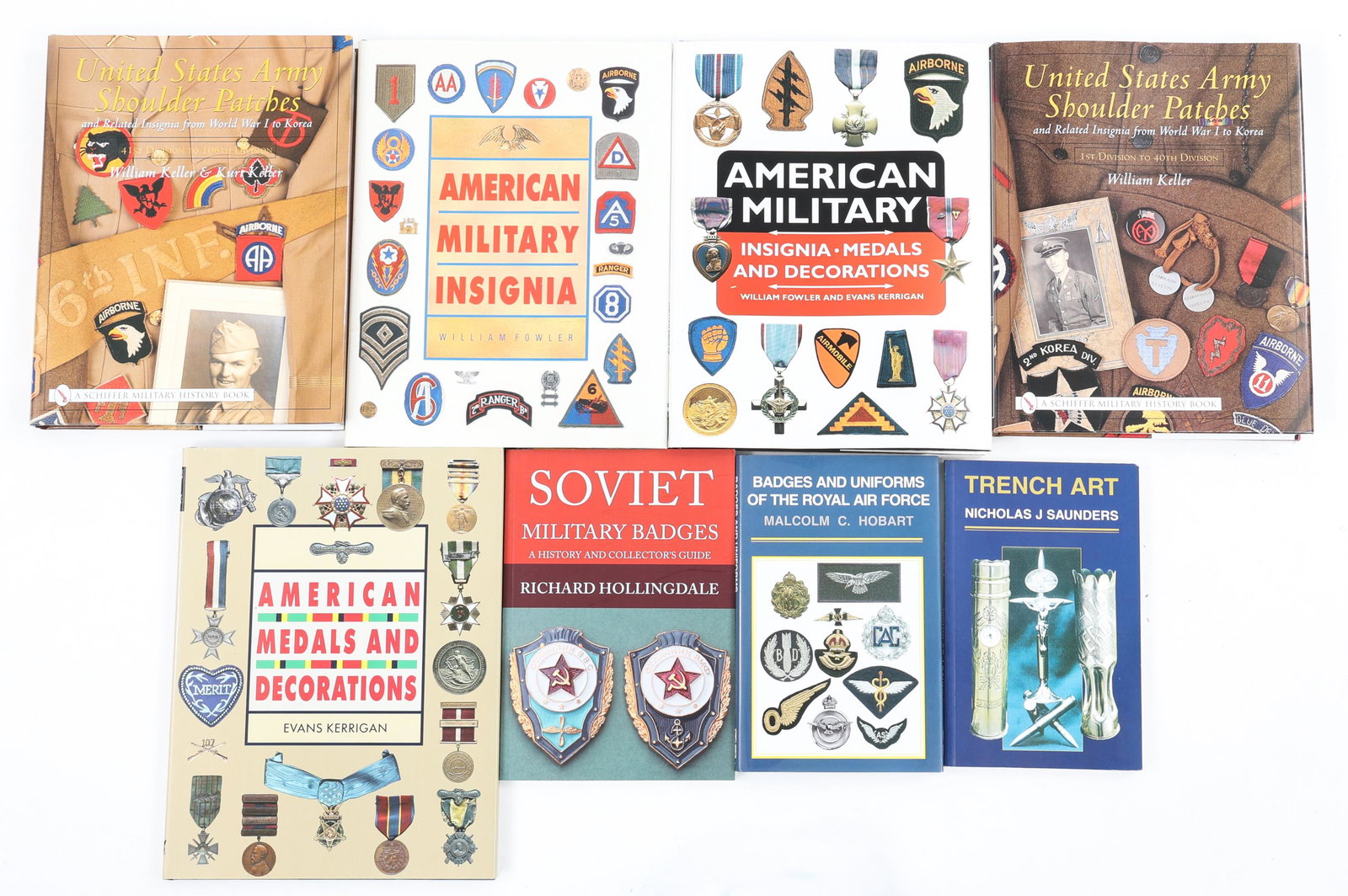 WWII MILITARIA COLLECTIBLES REFERENCE BOOKS: WWII MILITARIA COLLECTIBLES REFERENCE BOOKS | Lot of 8 Militaria Collectibles Reference Books. (1) "United States Army Shoulder Patches" 1st to 40th Division, by William Keller. (1) "United States Arm