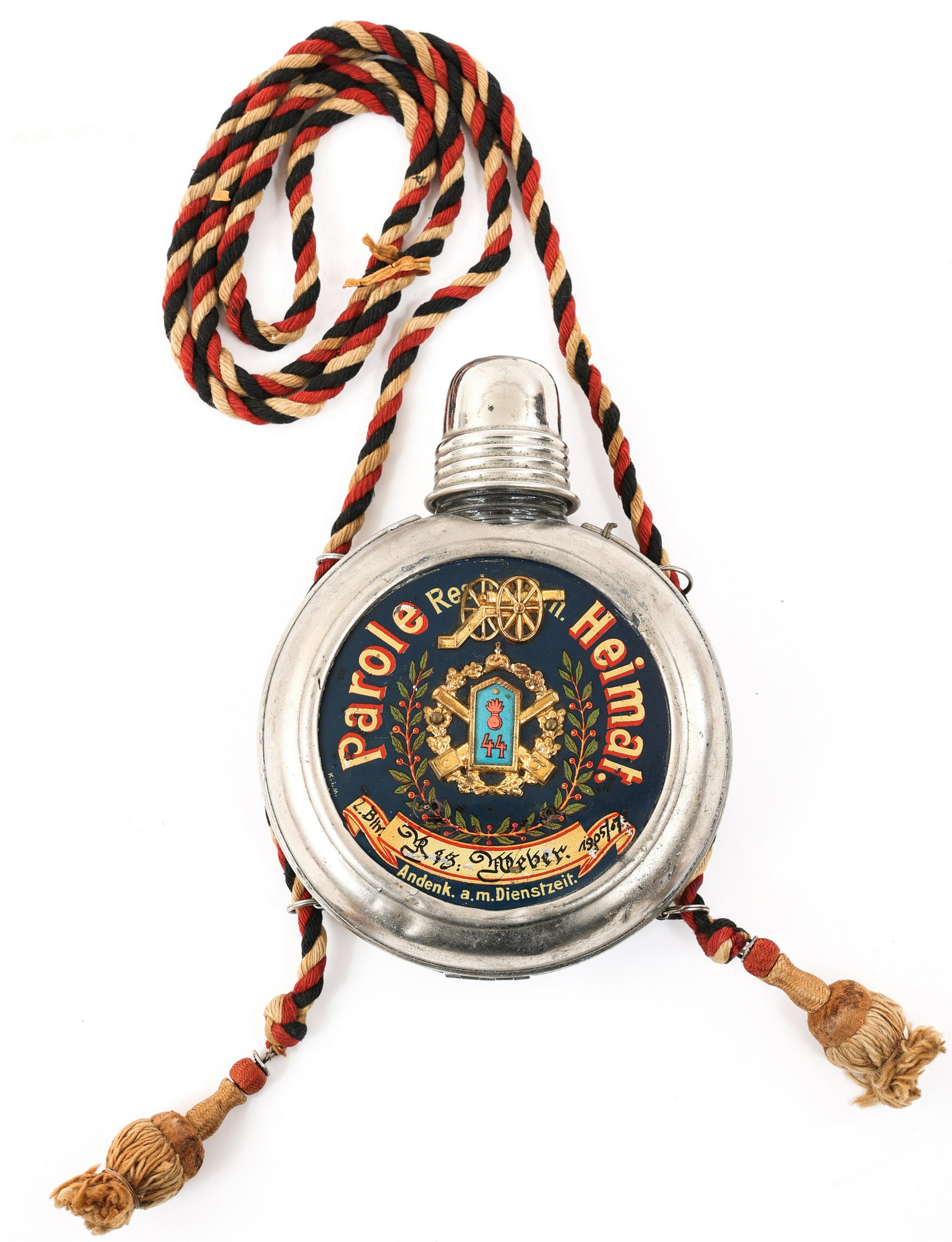 WWI IMPERIAL GERMAN ARTILLERY REGIMENTAL FLASK: WWI IMPERIAL GERMAN ARTILLERY REGIMENTAL FLASK | WWI Imperial German Artillery Soldier's regimental Flask. Pewter flask and cup with glass bottle insert. Highly decorated front and back panel. Shoulde